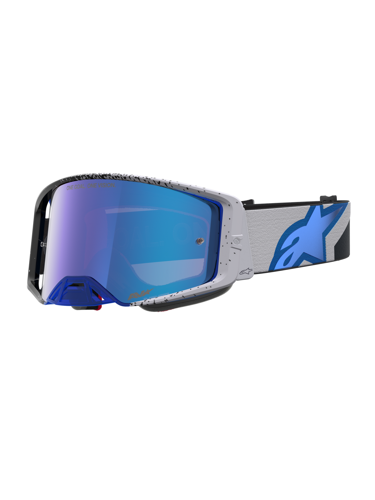Alpinestars Maschere Supertech Hiten, maschere da motocross professionali, grigio e blu, lenti blu a specchio.