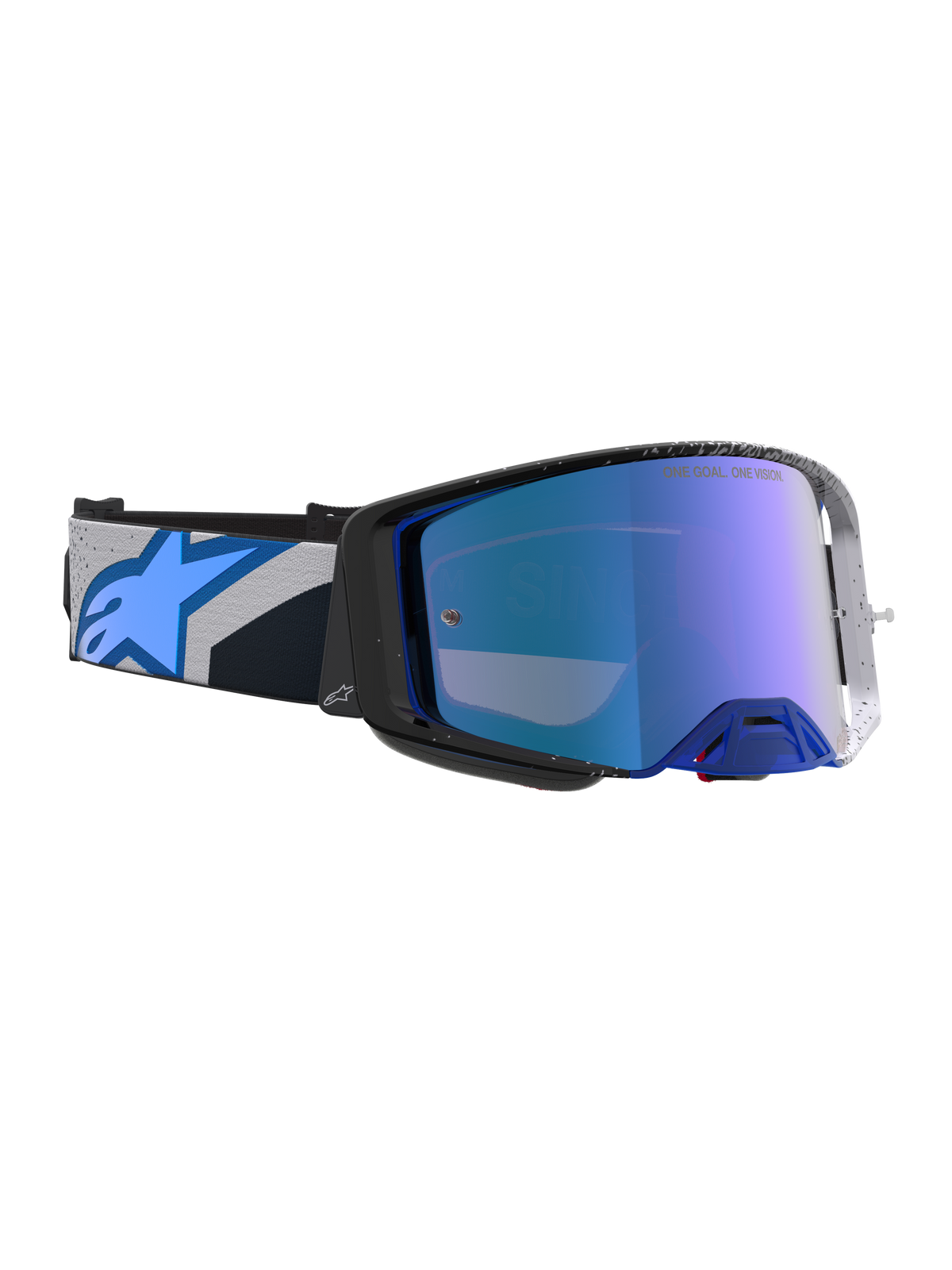 Alpinestars Maschere Supertech Hiten, maschere da motocross nere e blu con lente blu specchiata ad alta nitidezza.