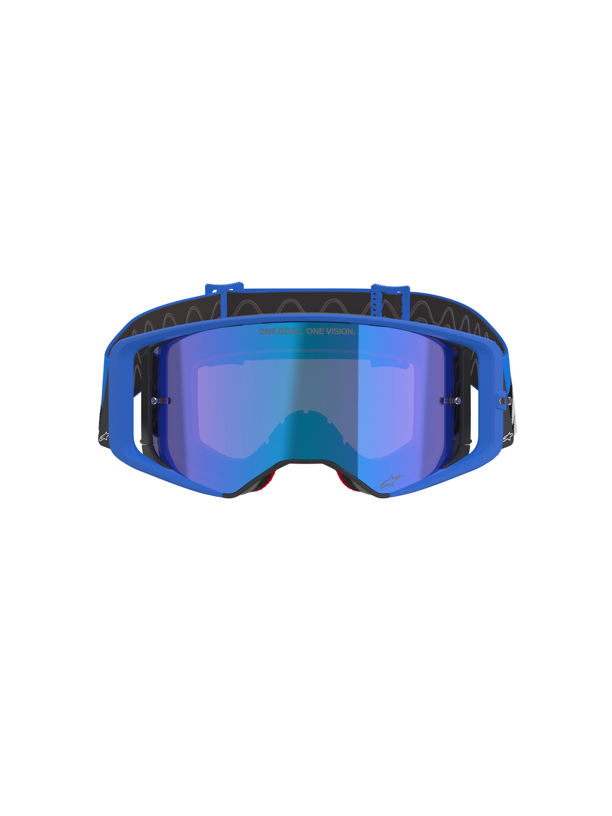 Occhiali da motocross Alpinestars Supertech Stream, lente blu a specchio con montatura blu, vista frontale, fascia nera con logo bianco, con testo 'ONE GOAL... ONE VISION.' sulla lente, occhiali da gara off-road ad alte prestazioni