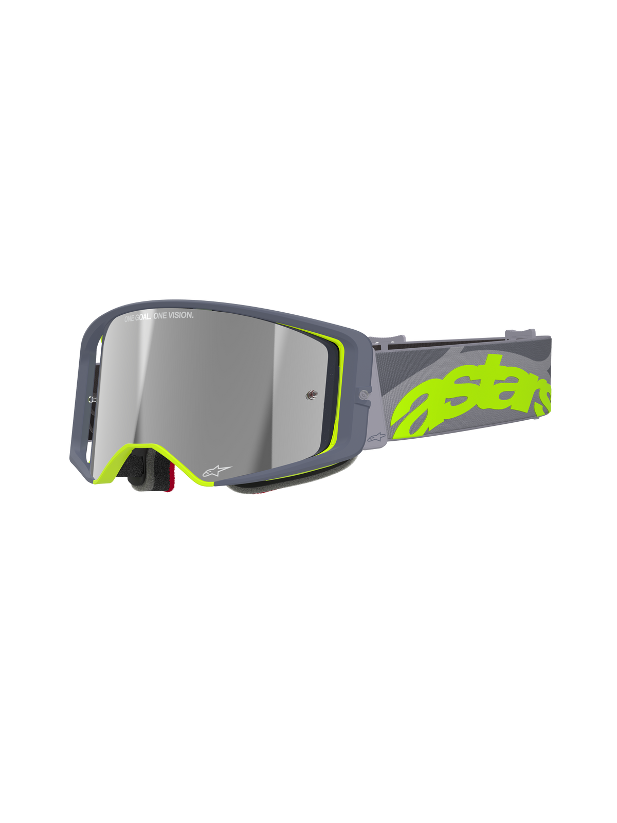 Alpinestars Supertech Stream Goggles, occhiali da motocross MX, grigio e giallo fluorescente, con lente argentata a specchio riflettente, ampia montatura angolare con imbottitura in schiuma e fascia regolabile con logo neon audace