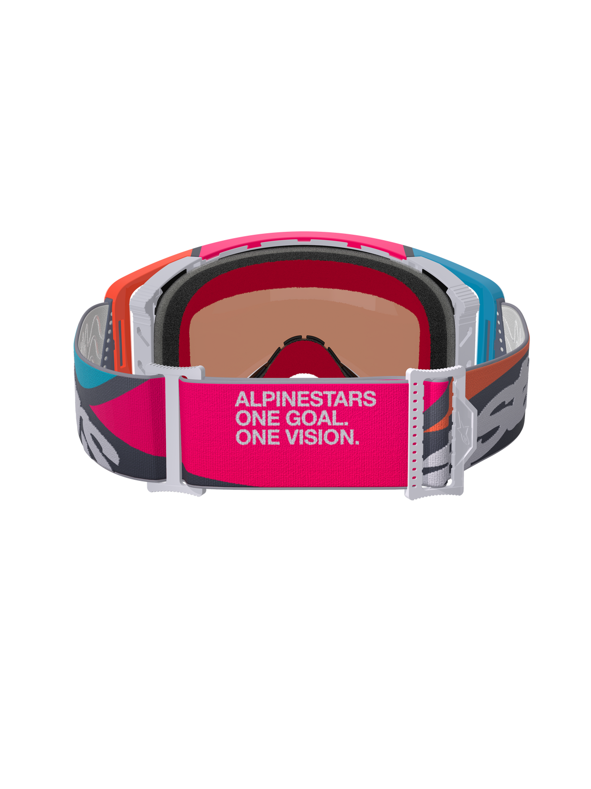 Maschere Alpinestars Supertech Stream, vista posteriore con ampio cinturino rosa e grigio e scritta 'ALPINESTARS ONE GOAL. ONE VISION.', montatura multicolore arancione e blu, schiuma facciale stampata in 3D, occhiali professionali da motocross e off-road