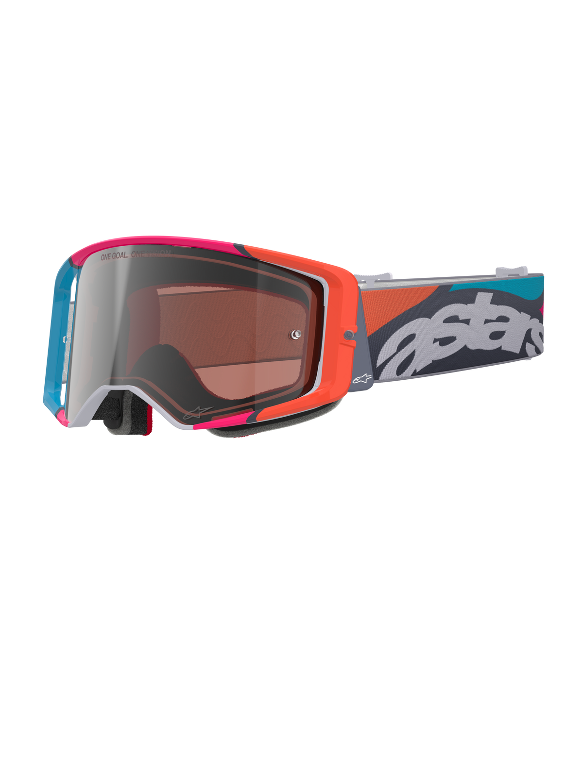 Maschere Alpinestars Supertech Stream, montatura grigia con vivaci dettagli rossi e blu, lente Multi Mirror Silver, spessa imbottitura in schiuma, fascia regolabile con logo "astars" bianco e motivi geometrici colorati, protezione professionale per motocross