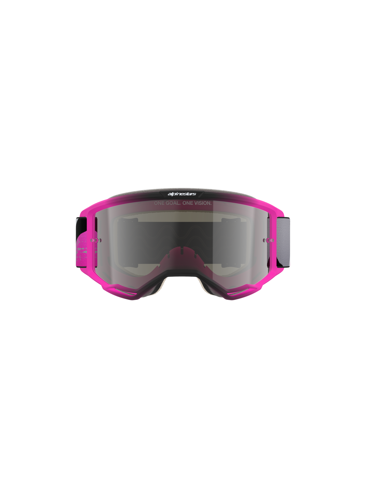 Alpinestars Vision 5 Lahnd Goggles, maschera da motocross, Iron Pink Fluo con lente Mirror Silver, montatura rosa acceso con lente a specchio argentata, presenta la scritta 'ONE GOAL. ONE VISION.', design aerodinamico per corse off-road