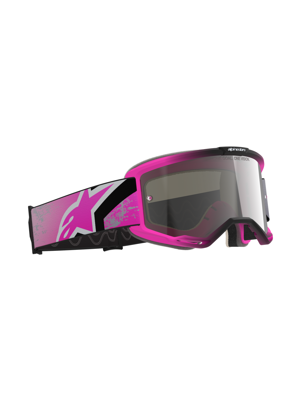 Maschera Alpinestars Vision 5 Lahnd, maschera da motocross, Iron Pink Fluo e Mirror Silver, montatura rosa acceso con lente argento specchiato, ampia fascia rosa e nera con logo Astars rosa, occhiali da corsa off-road