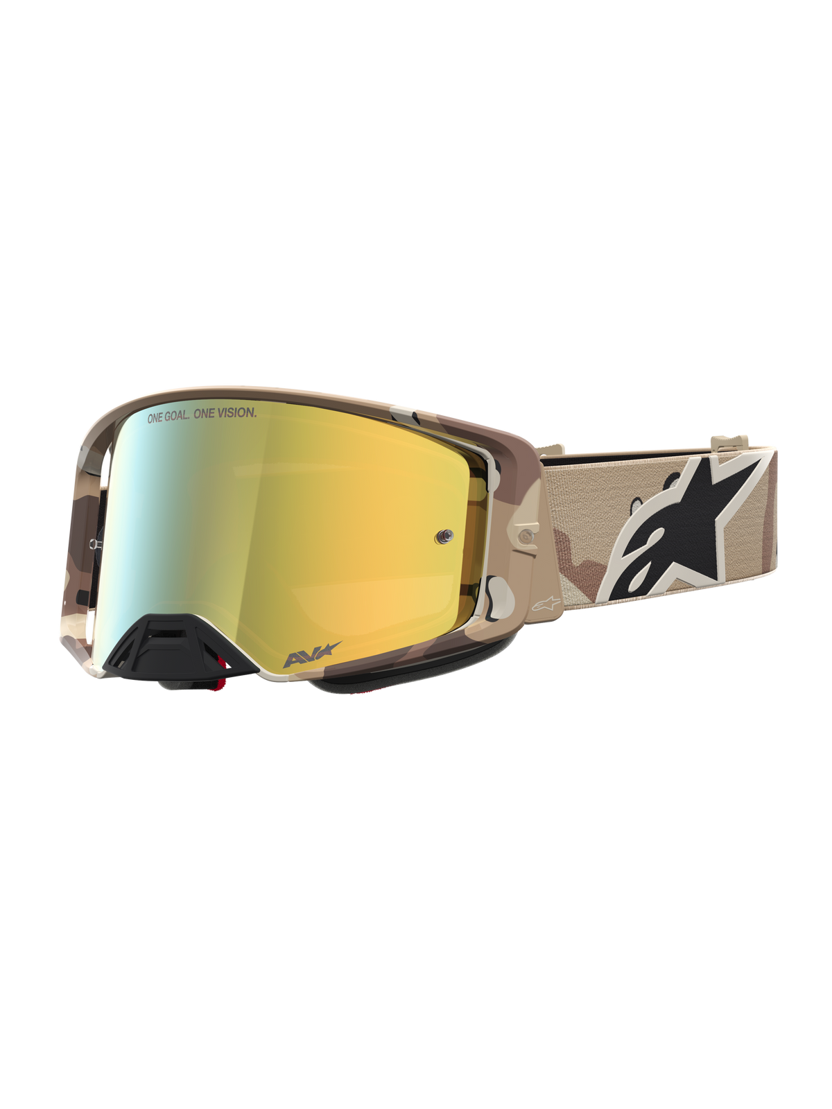 Alpinestars maschere Supertech Lone, maschere motocross oro a specchio e mimetico deserto, lenti premium e cinturino sicuro.
