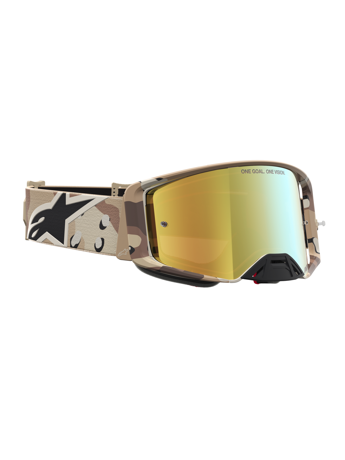 Alpinestars Maschere Supertech Lone, maschere da motocross e fuoristrada, motivo camouflage desert sabbia, lente a specchio dorata, design ad alte prestazioni per gare off-road.