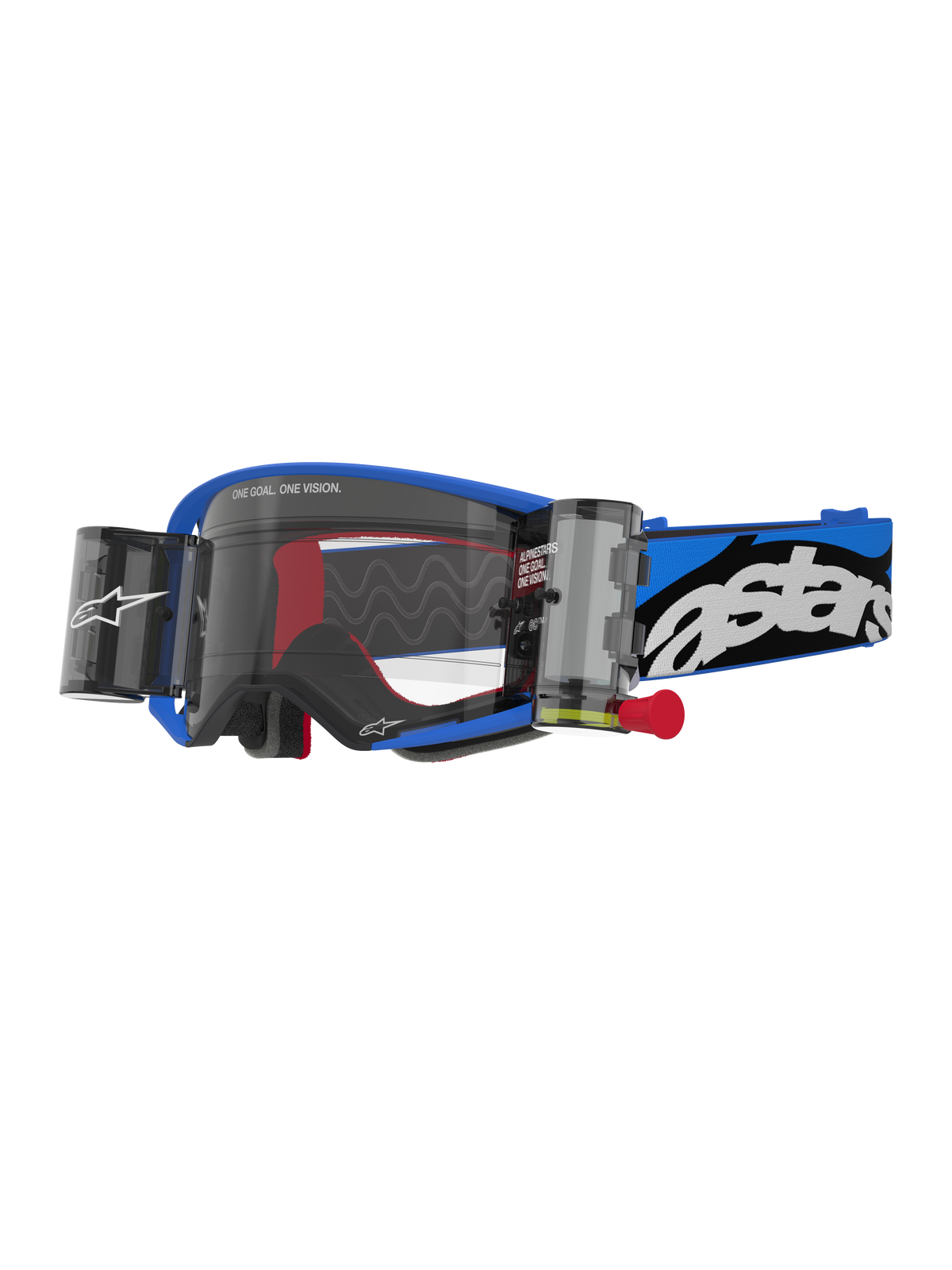 Alpinestars Supertech Stream Goggles, maschera da motocross, montatura blu con lente trasparente e sistemi roll-off integrati, dettagli interni rossi, fascia blu e nera con logo bianco, occhiali professionali per corse fuoristrada