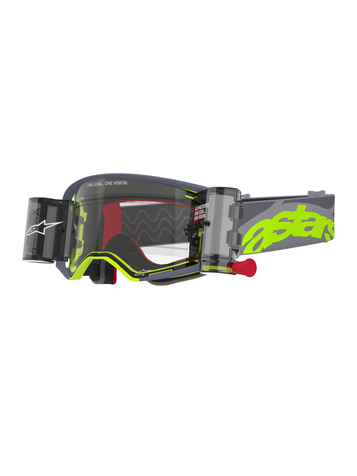 Alpinestars Supertech Stream Goggles, occhiali da motocross grigio e giallo fluo, con lente trasparente e sistema Roll-Off Wide Vision integrato, contenitori laterali con pomello di attivazione rosso, linee di scorrimento in silicone ondulate, cinturino grigio regolabile con grande logo astars giallo neon, protezione oculare ad alte prestazioni per il fuoristrada