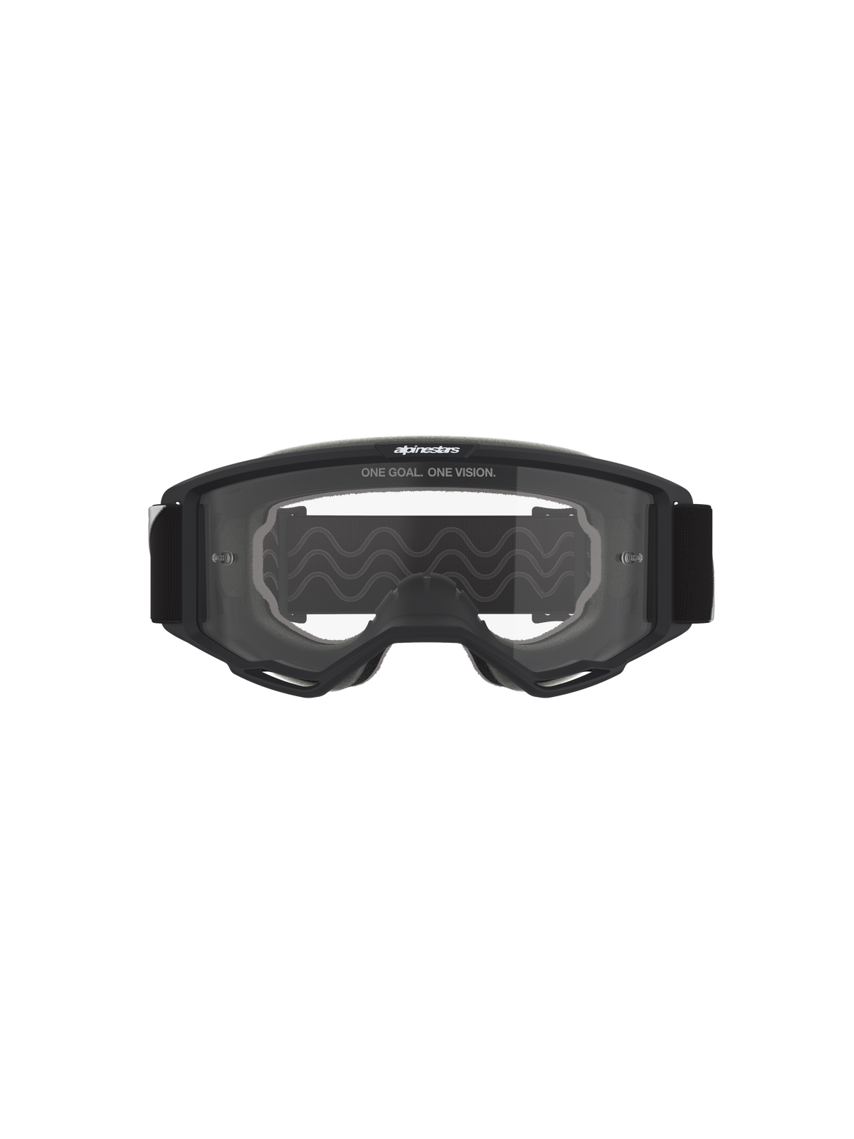 Maschere Alpinestars Vision OTG, maschere da motocross, montatura nera con lente trasparente, vista frontale con scritta 'ONE GOAL. ONE VISION.' e logo del brand, struttura a volume profondo per la compatibilità con occhiali da vista