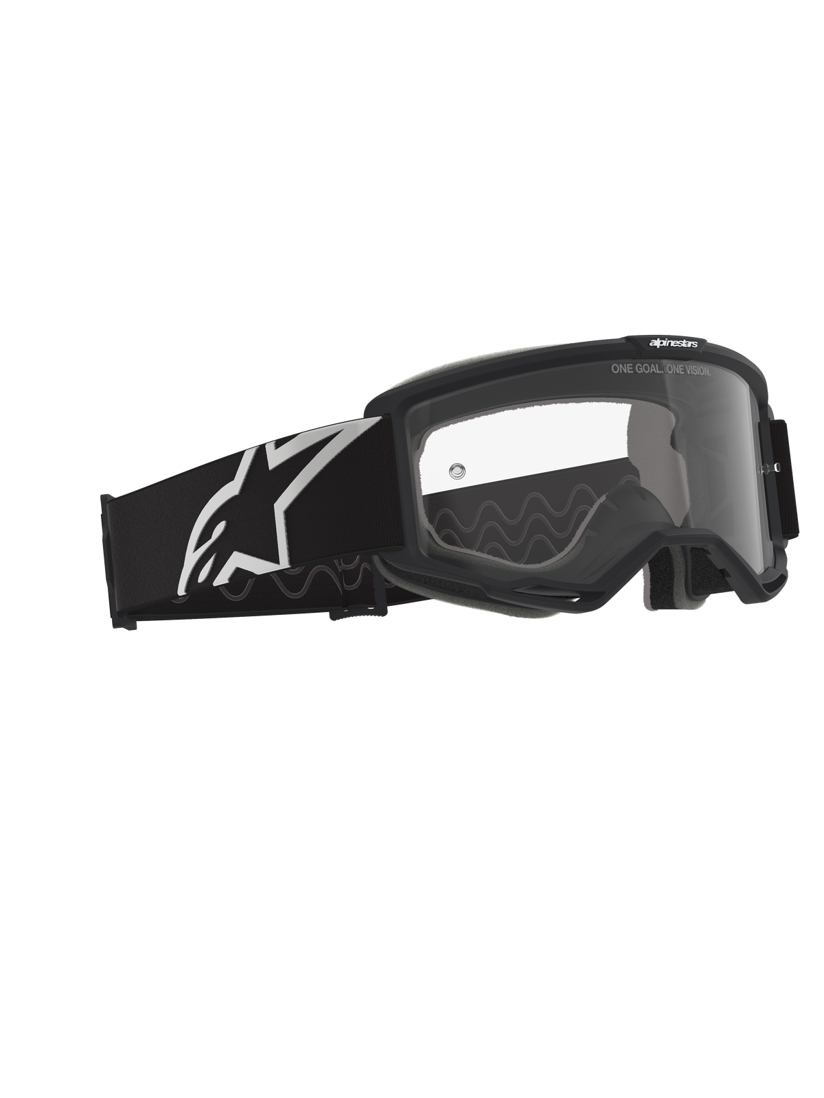 Alpinestars Vision Goggles OTG, maschere da motocross, nero e grigio con lente trasparente, montatura nera con ampia fascia dotata di logo Alpinestars bianco e motivo antiscivolo in silicone grigio, telaio a volume profondo progettato per occhiali da vista, lente antiappannamento con dettagli del brand.
