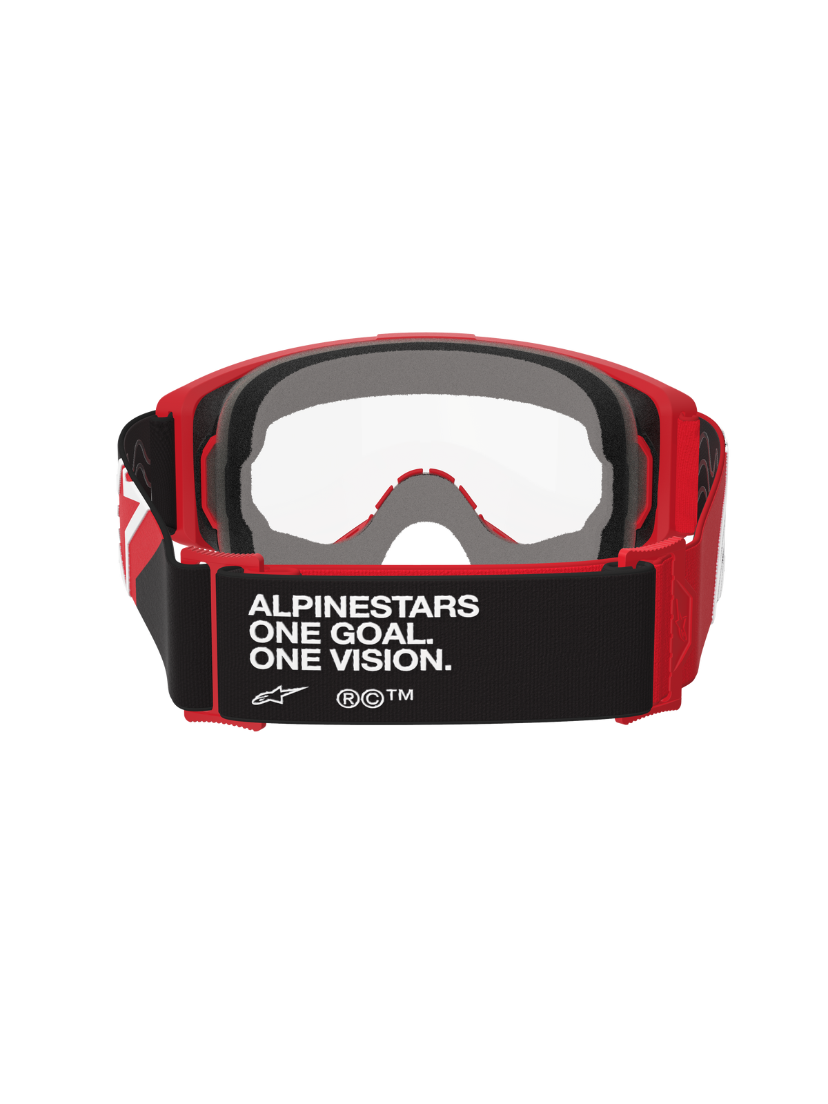 Maschera Alpinestars Vision OTG, maschera da motocross, rosso e nero con lente trasparente, vista posteriore con cinturino nero e testo 'ALPINESTARS ONE GOAL. ONE VISION.', spessa schiuma facciale multistrato e telaio flessibile rosso per l'uso sopra gli occhiali