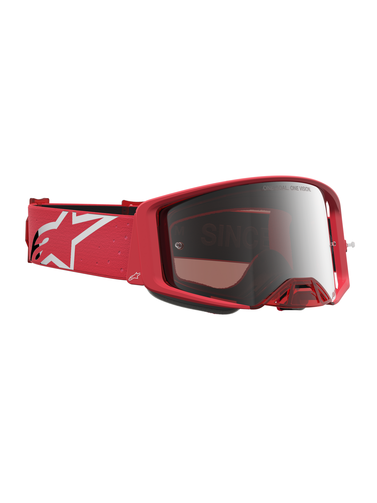 Alpinestars Maschere Supertech Vesta, maschere da motocross racing, rosso fluo e argento a specchio, cinturino con logo a stella bianco, lenti ad alta chiarezza per competizioni fuoristrada.