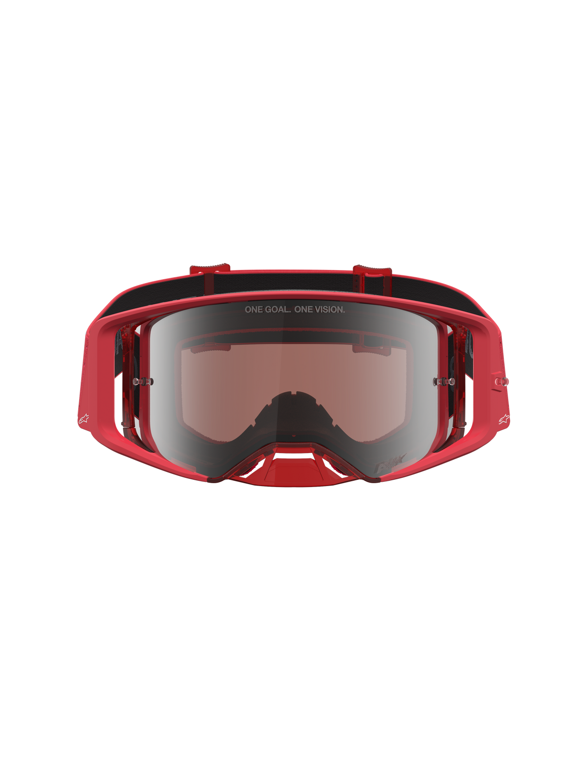 Alpinestars Maschere Supertech Vesta, maschere da motocross per uomo, rosso fluo e argento, lente specchiata cromata con scritta 'One Goal. One Vision.', design per competizioni fuoristrada