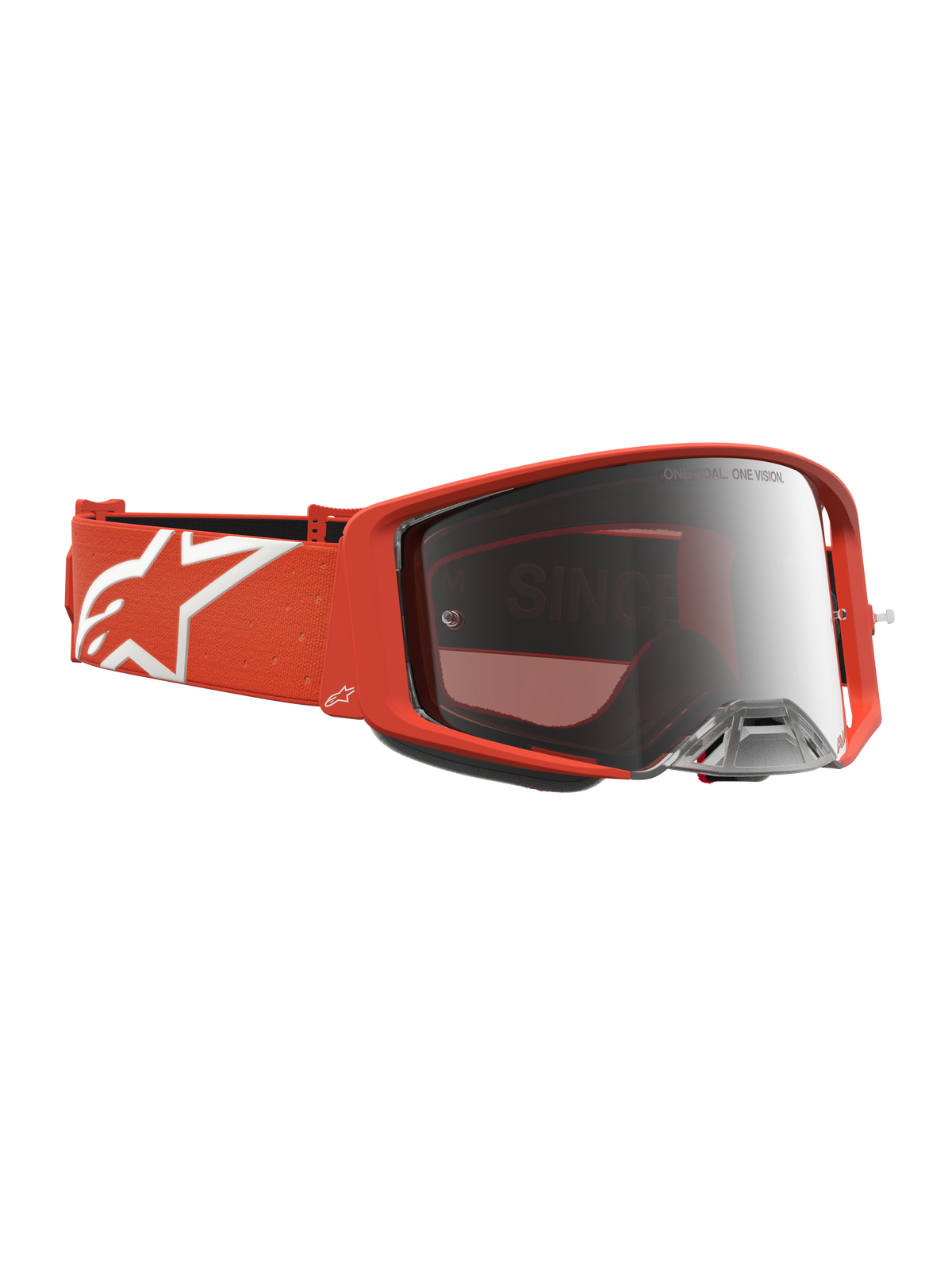 Alpinestars maschere Supertech Vesta, occhiali da motocross arancione con lente a specchio argento e fascia con logo bianco.