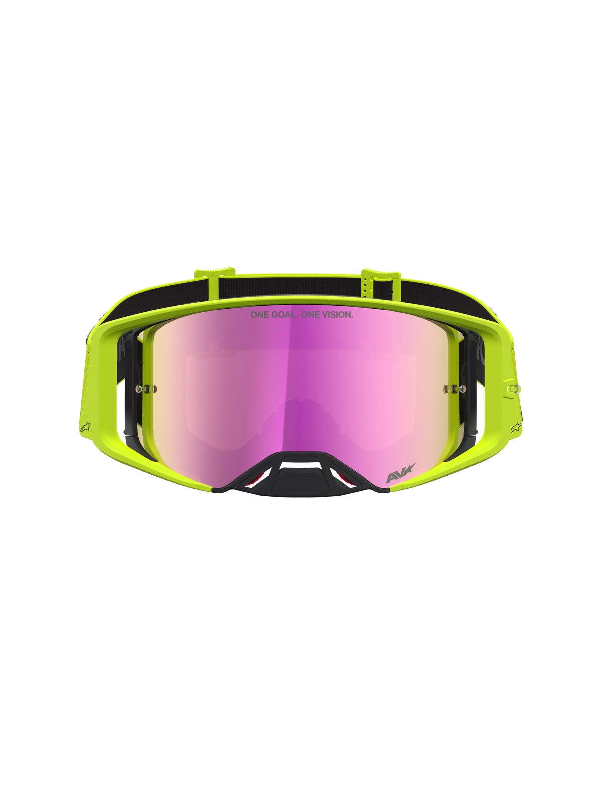 Alpinestars Supertech Vesta, maschere da motocross giallo fluo con lenti rosa a specchio, visione fuoristrada nitida.