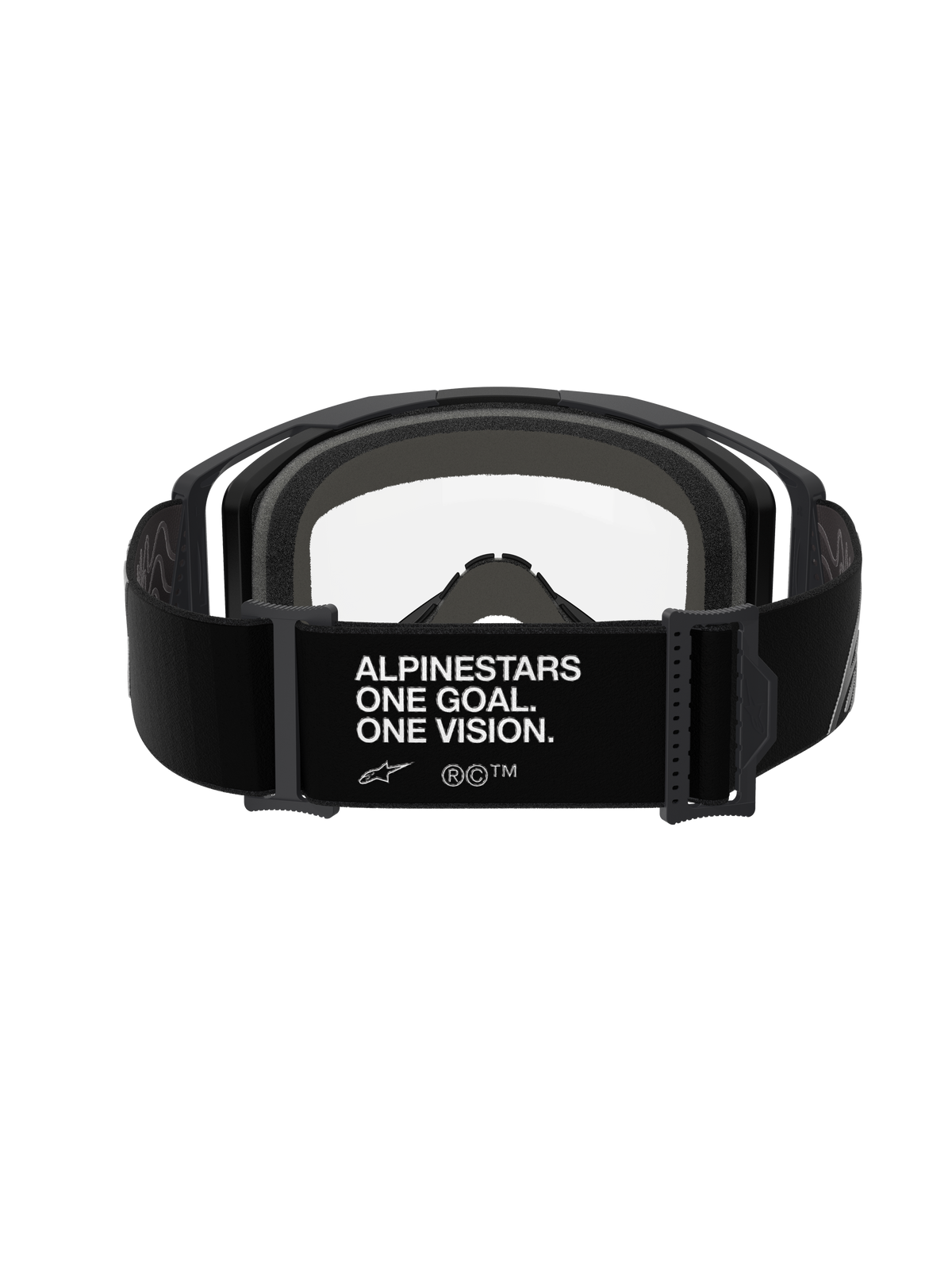 Maschere Alpinestars Vision 8 Corp, Nero Trasparente, vista posteriore con cinturino regolabile nero e scritta bianca "ALPINESTARS ONE GOAL. ONE VISION.", schiuma facciale multistrato grigia e lente in policarbonato trasparente, occhiali da motocross ad alte prestazioni
