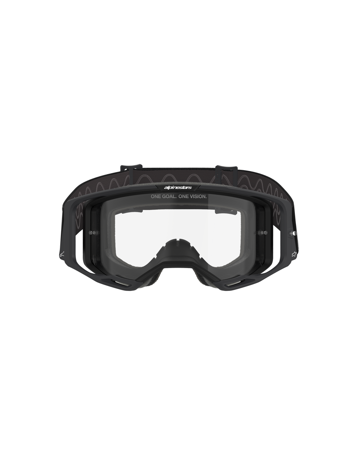 Maschere Alpinestars Vision 8 Corp, maschere da motocross, montatura nera con lente trasparente, vista frontale che mostra il design a visione ampia, supporti laterali integrati e fascia tessuta con marchio Alpinestars, protezione oculare professionale per corse fuoristrada