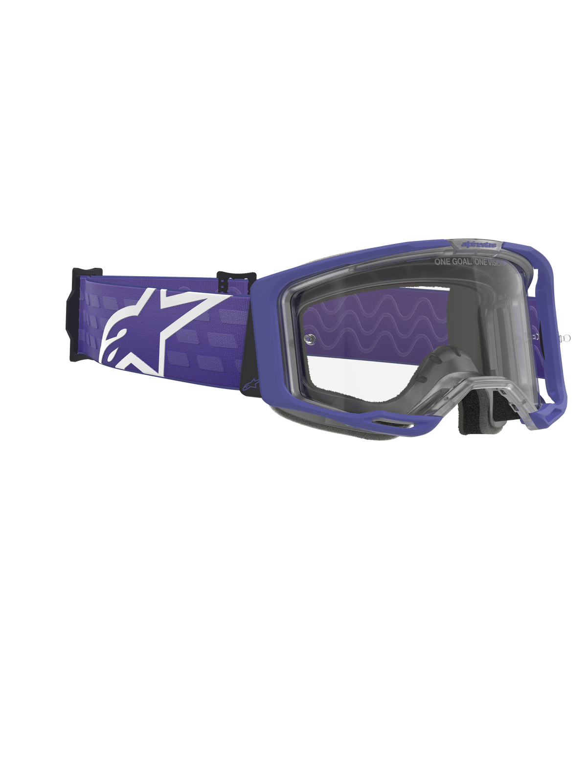 Maschere Alpinestars Vision 8 Corp, occhiali da motocross, viola e trasparente, montatura viola opaco con lente trasparente, ampia fascia intrecciata viola con grande logo Alpinestars bianco, occhiali off-road ad alte prestazioni