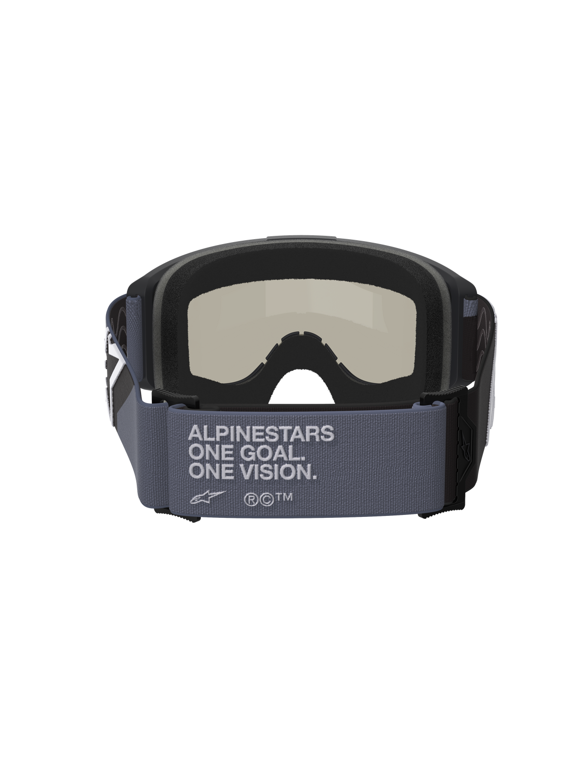 Maschere Alpinestars Vision Sand, maschere da motocross, nero e grigio, vista posteriore con ampio cinturino grigio e testo 'Alpinestars One Goal. One Vision.', schiuma facciale multistrato nera e lente dark smoke, equipaggiamento per guida off-road nel deserto