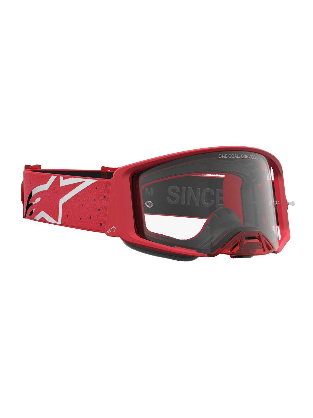 Alpinestars maschere Supertech Vesta, maschere da motocross racing rosse e bianche, lenti trasparenti e fascia con logo