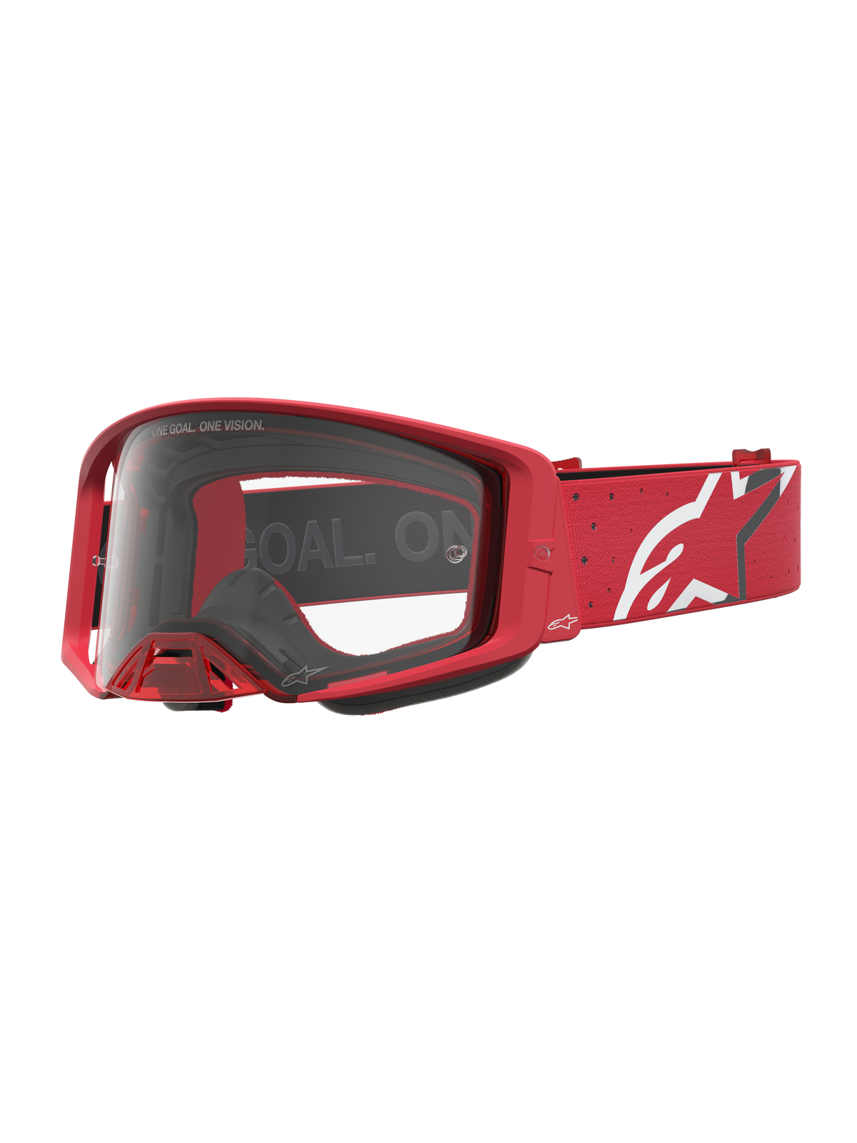 Alpinestars Maschere Supertech Vesta, maschere da motocross e fuoristrada, colore rosso e bianco, con lente in policarbonato trasparente e fascia con logo a stella bianco.