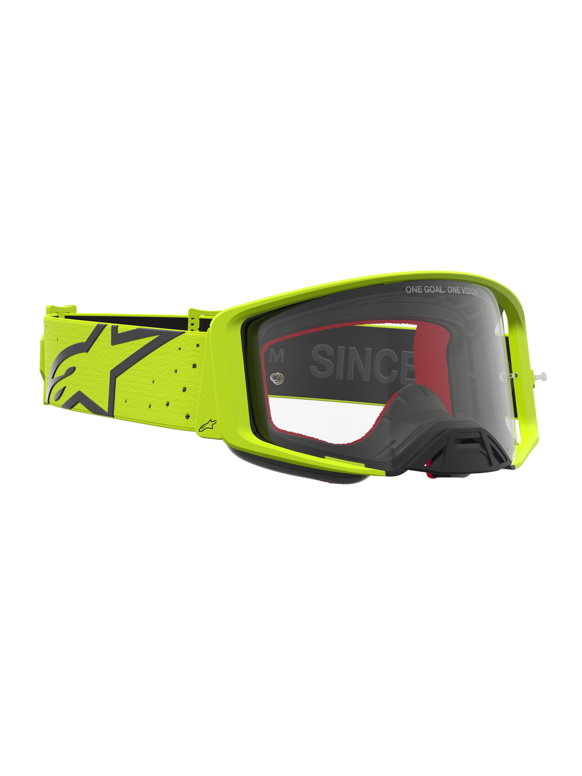 Maschere Alpinestars Supertech Vesta, maschere da motocross in giallo fluo e nero, lente trasparente e ampia fascia elastica con logo, ideali per competizioni off-road