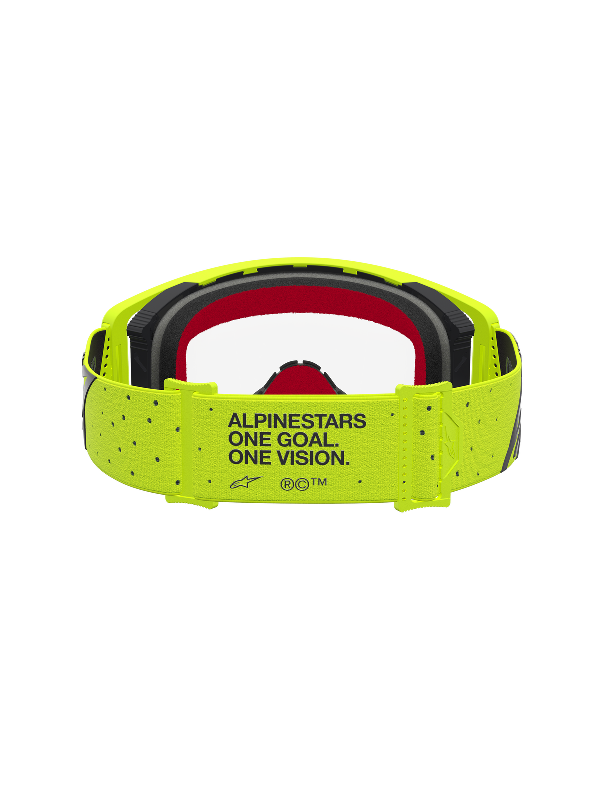 Alpinestars Maschere Supertech Vesta, maschere da motocross, giallo fluo e nero, cinturino con motto 'One Goal. One Vision.' e schiuma rossa interna, per gare off-road.