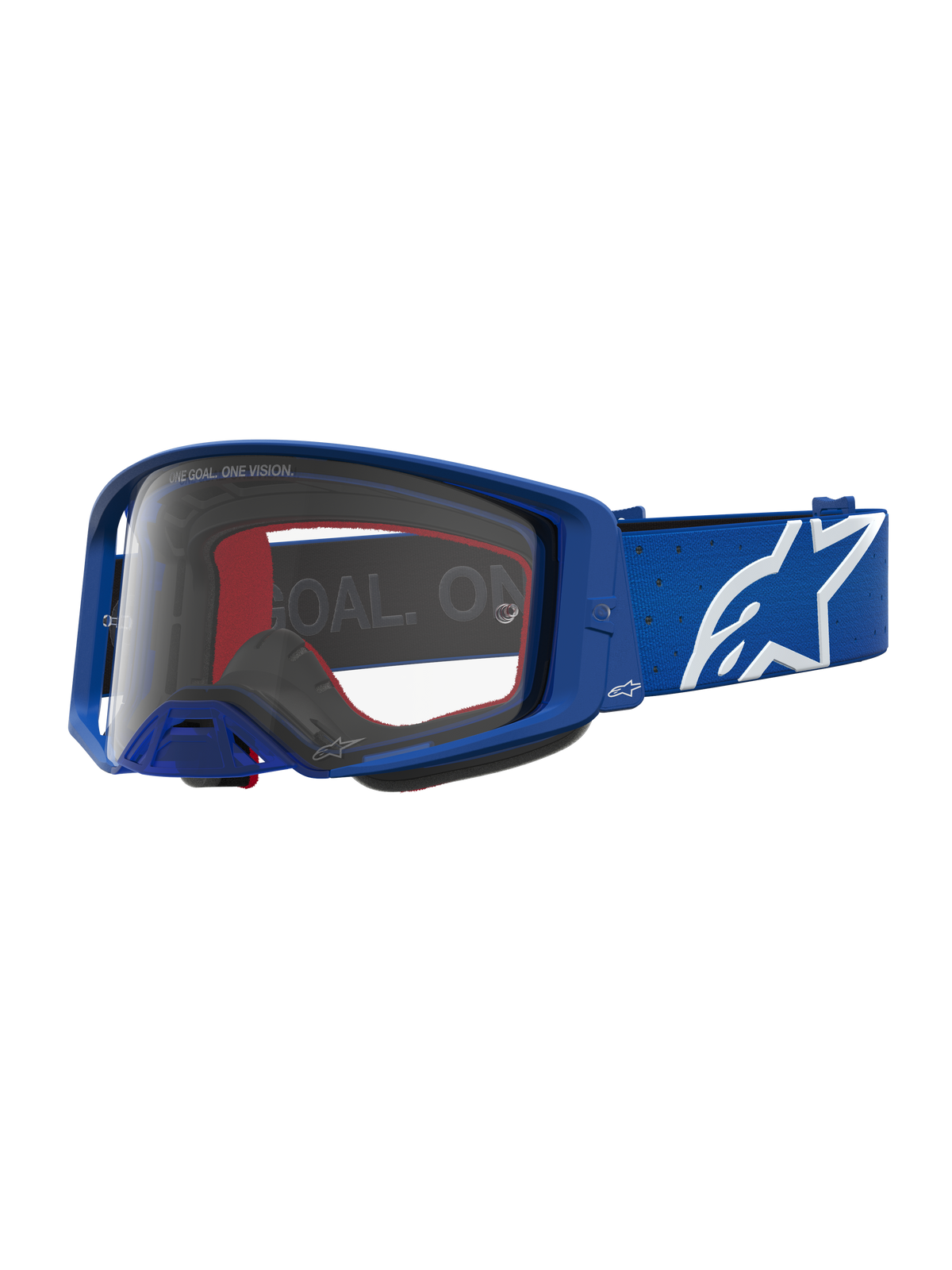 Alpinestars Maschere Supertech Vesta, maschere da motocross per uomo, blu e bianche, lente trasparente in policarbonato, logo a stella Alpinestars, visione nitida per gare off-road