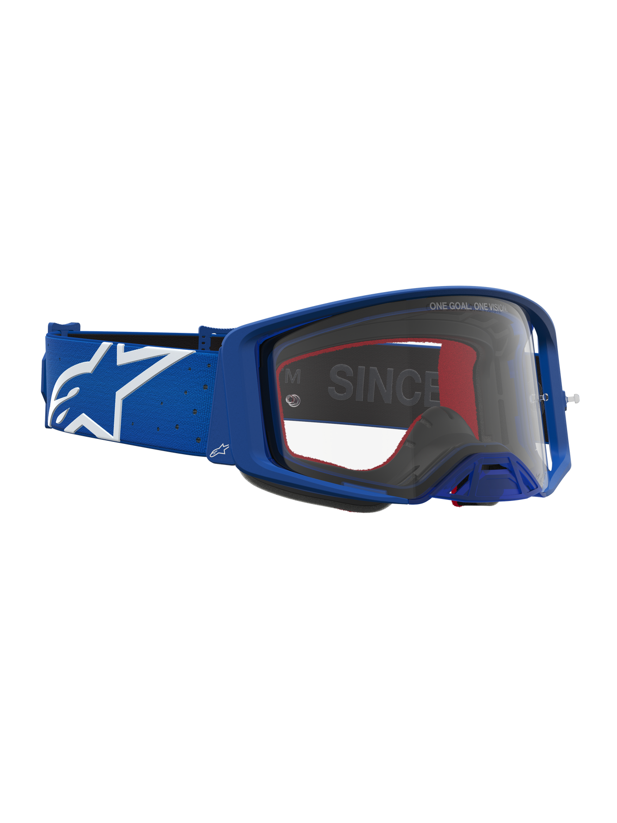 Alpinestars Maschere Supertech Vesta, maschere motocross professionali, blu e bianche, con lente trasparente e logo laterale.