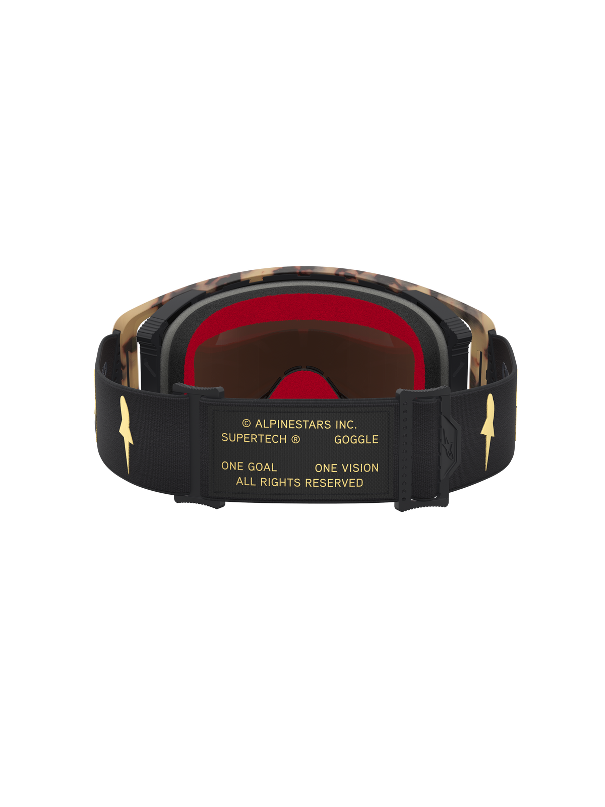 Alpinestars Supertech LE Zona Goggles, maschere da motocross, nero e marrone, lente mirror gold, vista posteriore con dettagli del marchio sul cinturino e dettagli dorati