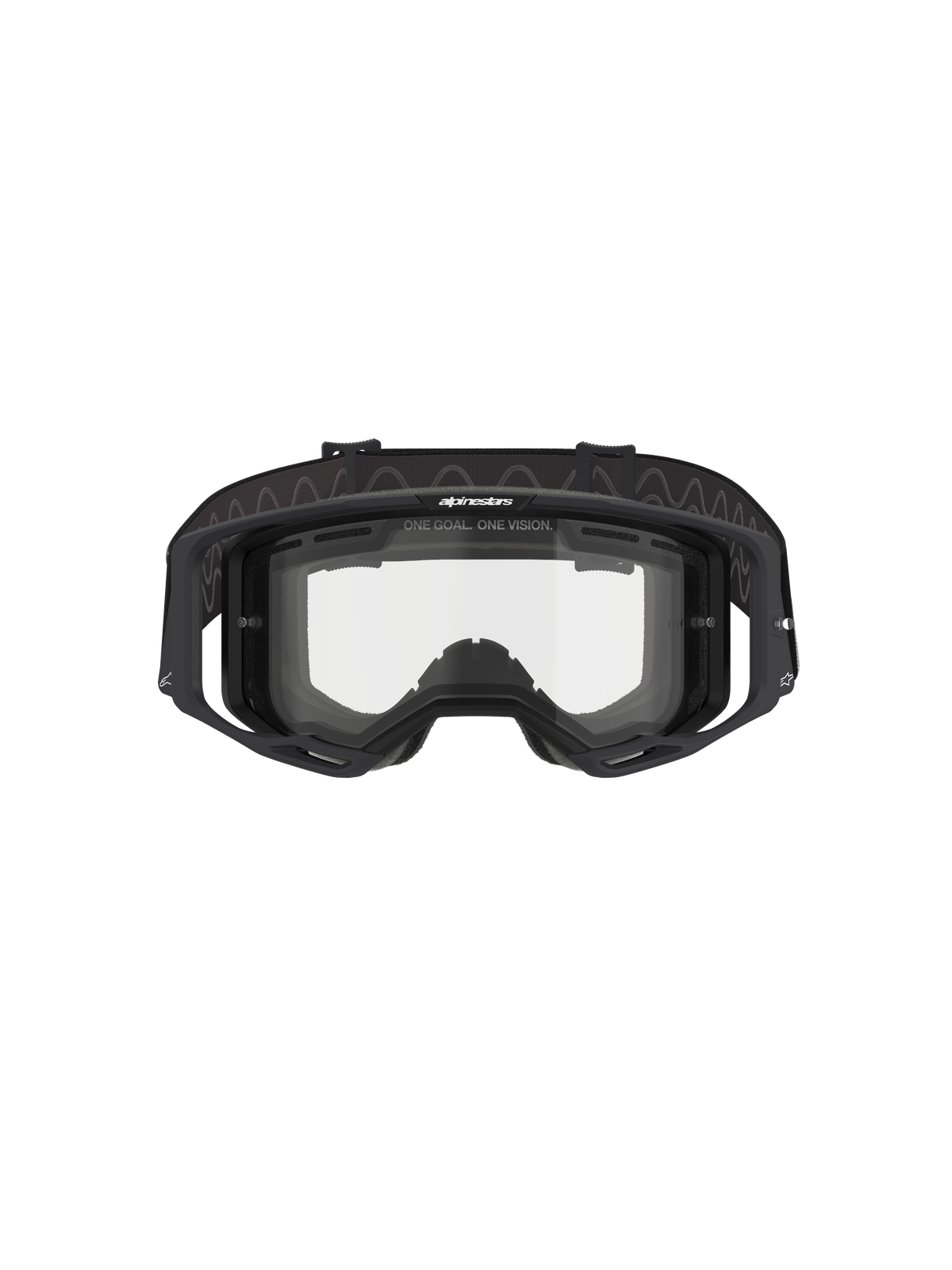 Alpinestars Vision 8 Corp Goggles - Doppia Lente, occhiali da motocross, montatura nera con doppia lente trasparente, vista frontale che mostra i supporti laterali e il logo "ONE GOAL. ONE VISION.", protezione tecnica per gli occhi per il fuoristrada