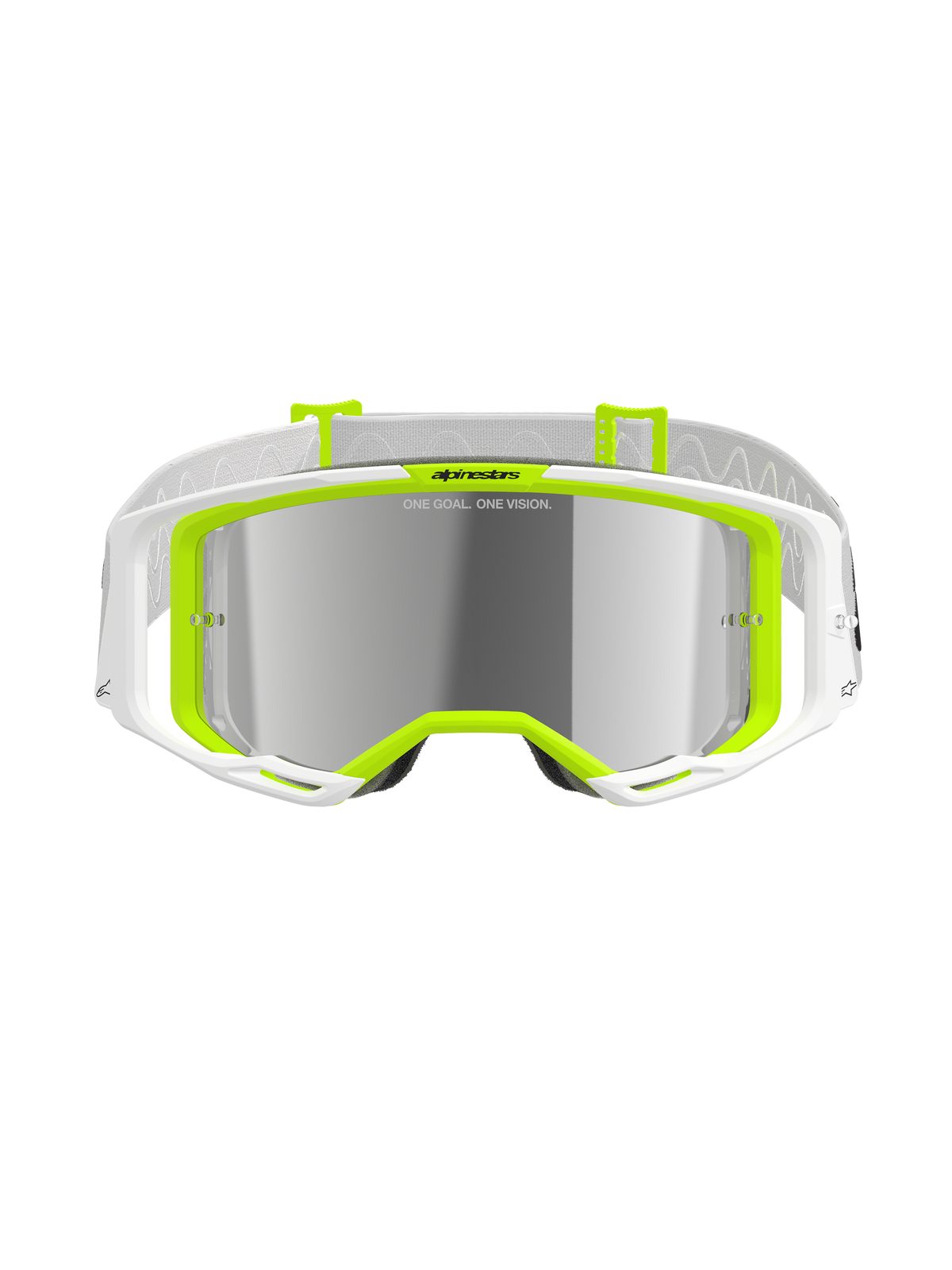 Maschere Alpinestars Vision 8 Wordmark, occhiali da motocross, bianco e giallo fluo, lente specchiata argento con scritta 'ONE GOAL. ONE VISION.', ampio campo visivo, fascia bianca con dettagli grigi, occhiali protettivi per fuoristrada