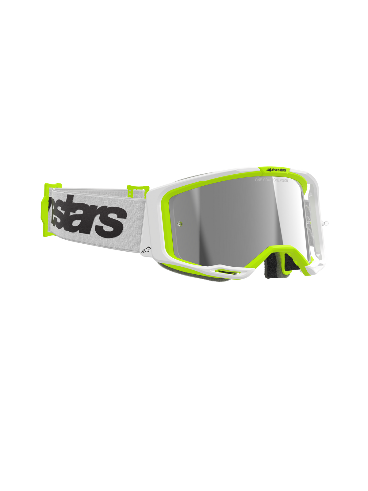 Occhiali Alpinestars Vision 8 Wordmark, maschera da motocross, montatura bianca e giallo fluo, lente Mirror Silver, fascia bianca con logo wordmark nero, protezione oculare ad alte prestazioni per il fuoristrada
