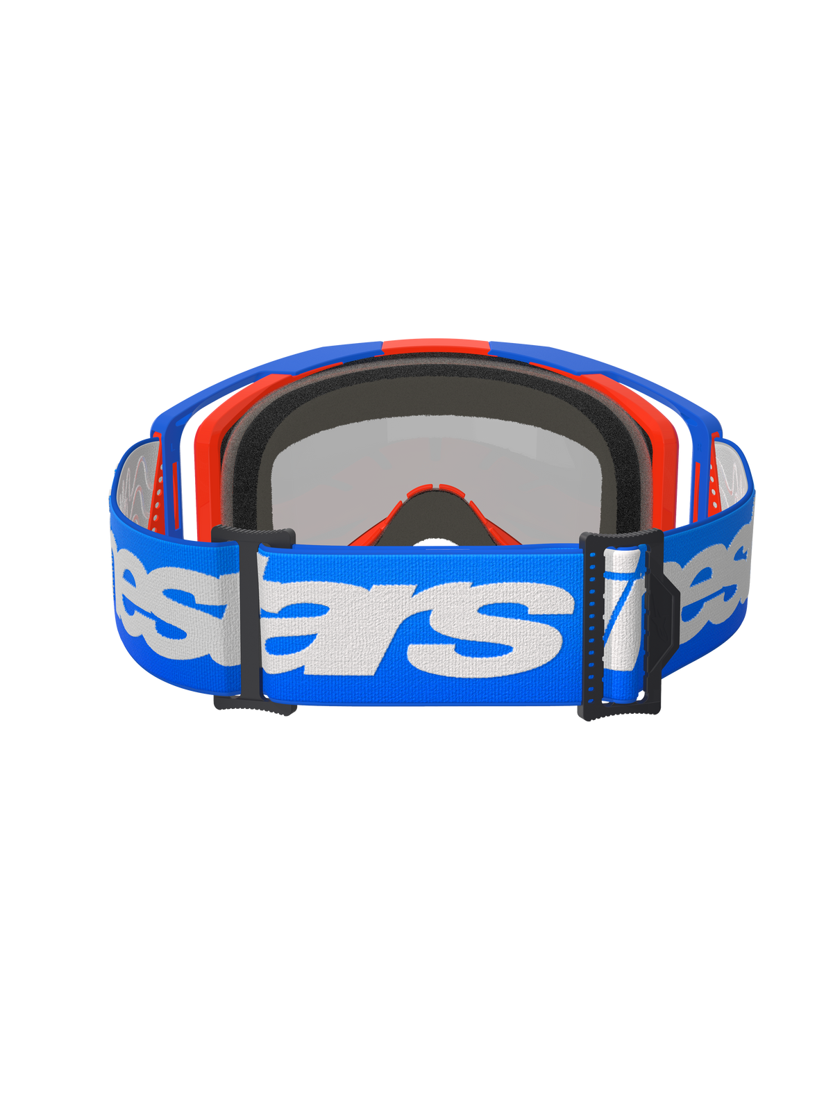 Occhiali Alpinestars Vision 8 Wordmark, occhiali da motocross, Blu Arancione Mirror Red, vista posteriore con fascia intrecciata blu e logo Alpinestars bianco, imbottitura interna in schiuma modellata 3D e fibbie di regolazione nere
