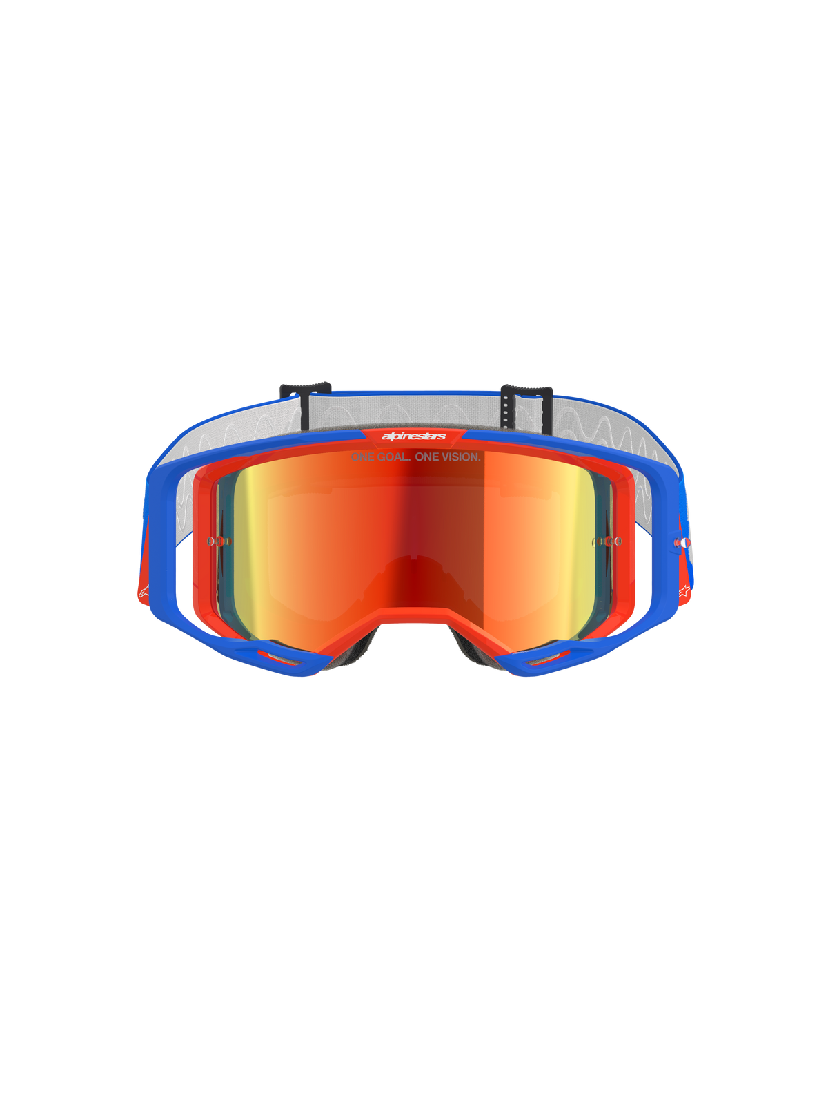 Alpinestars Vision 8 Wordmark Goggles, maschere da motocross, blu e arancione con lente specchiata rossa, dotate di un ampio campo visivo e telaio A-FLEX ad alte prestazioni per gare fuoristrada.