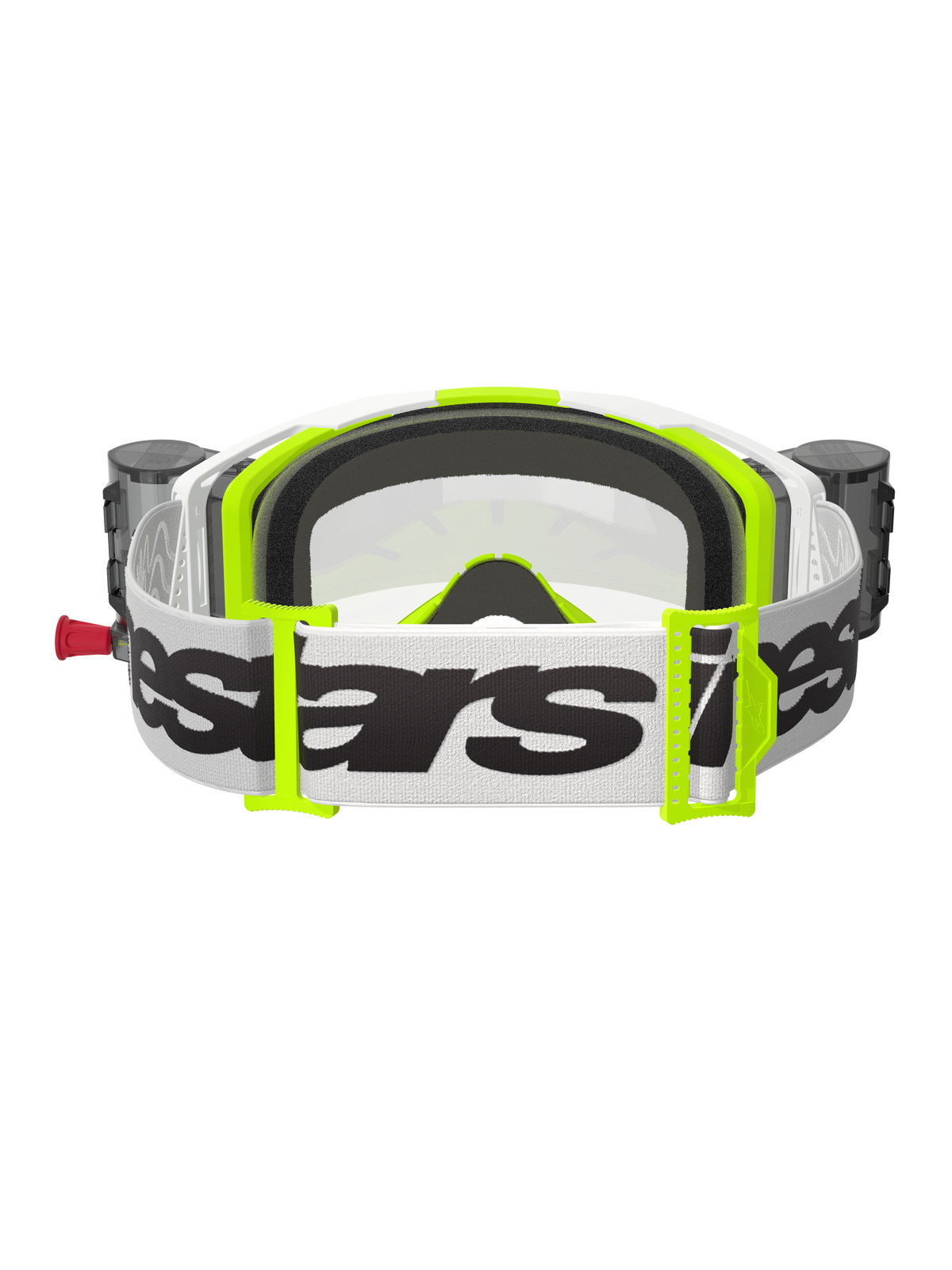 Maschera Alpinestars Vision 8 Wordmark, vista posteriore, bianco e giallo fluo, con sistema Roll-Off integrato e rullini, ampia fascia bianca intrecciata con logo Alpinestars nero, schiuma facciale modellata in 3D e lente trasparente