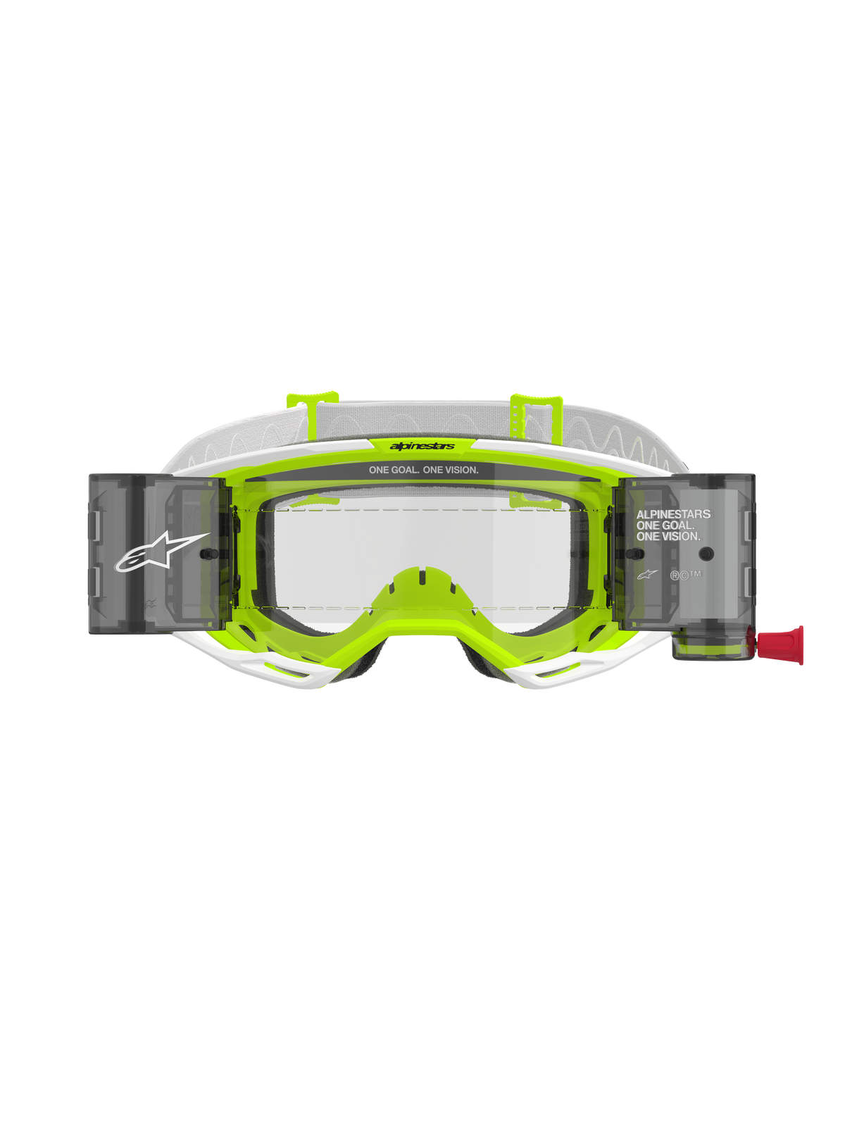 Alpinestars Vision 8 Wordmark Goggles Roll Off, telaio bianco e giallo fluorescente, lente trasparente con contenitori per sistema roll-off integrati, fascia intrecciata bianca, con marchio 'ONE GOAL. ONE VISION.', protezione oculare professionale per motocross