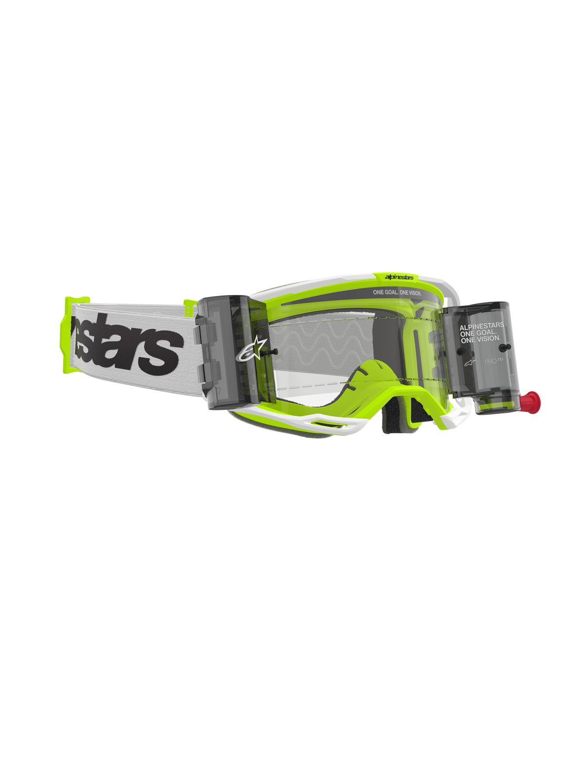 Alpinestars Vision 8 Wordmark Goggles Roll Off, occhiali da motocross, montatura bianca e giallo fluorescente, lente trasparente con contenitori roll-off integrati, fascia bianca con logo nero, occhiali da fuoristrada ad alte prestazioni