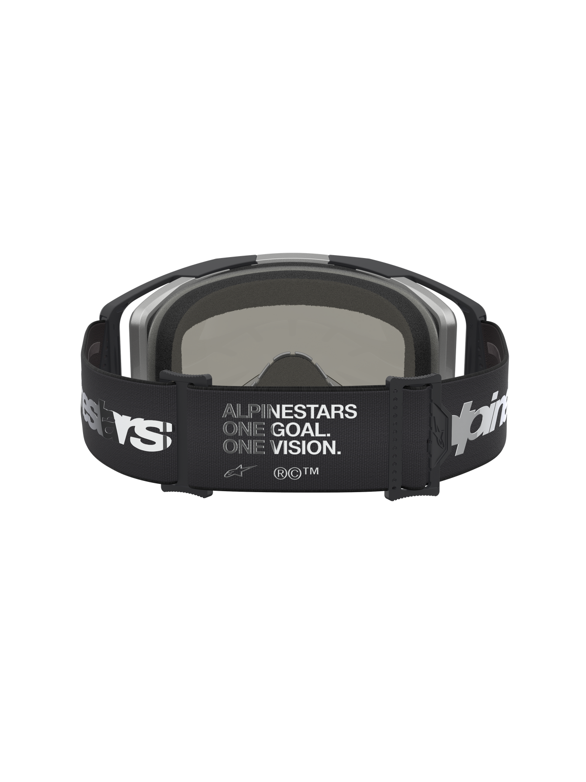 Alpinestars Maschere Vision 8 Ambra Specchiata, maschere da motocross nere e argento, vista posteriore con ampio cinturino regolabile, stampa del logo e motto One Goal One Vision, lenti a specchio