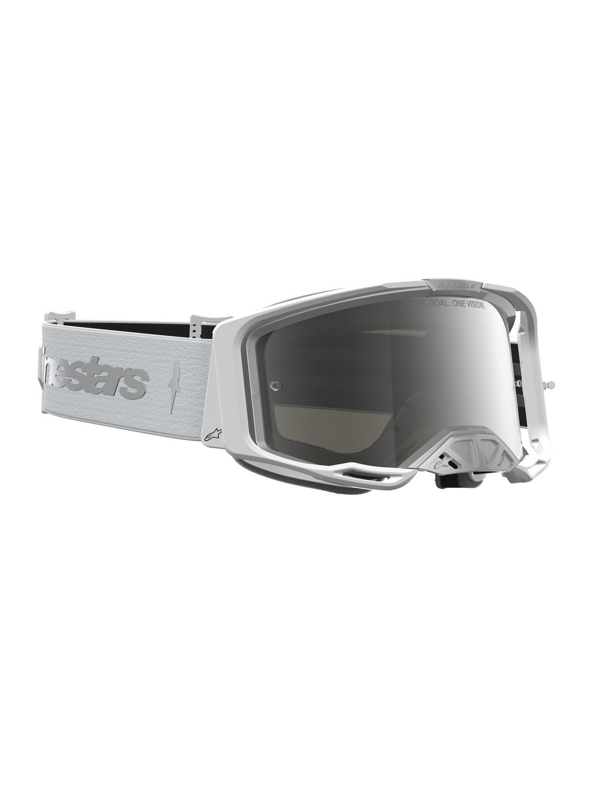 Alpinestars Maschere Vision 8 Amber per motocross, bianche e argento con lente specchiata e telaio A-FLEX flessibile.