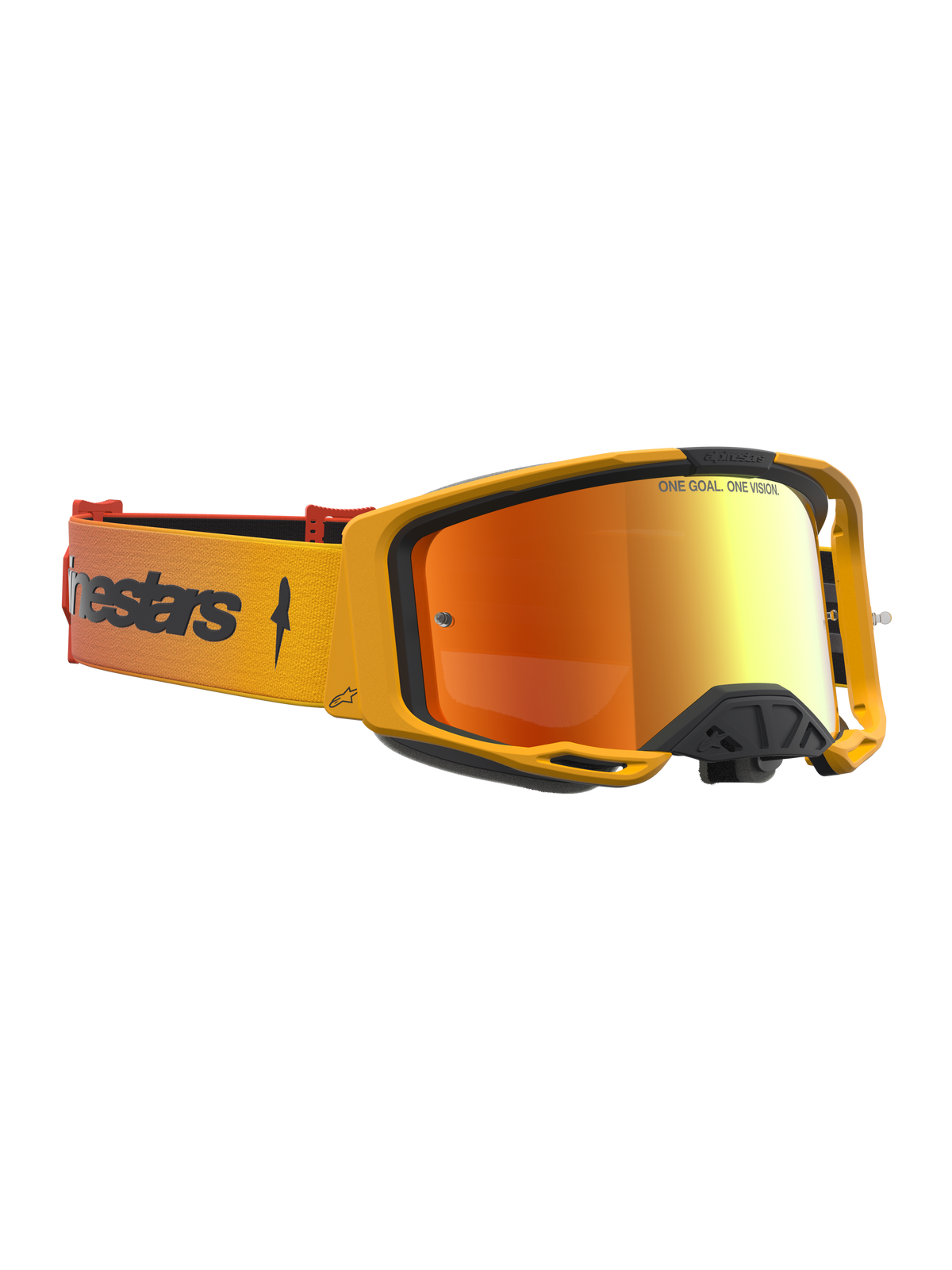 Maschere Alpinestars Vision 8 Amber Mirror, occhiali da motocross, telaio ambra, lente specchiata rossa e cinturino arancione.