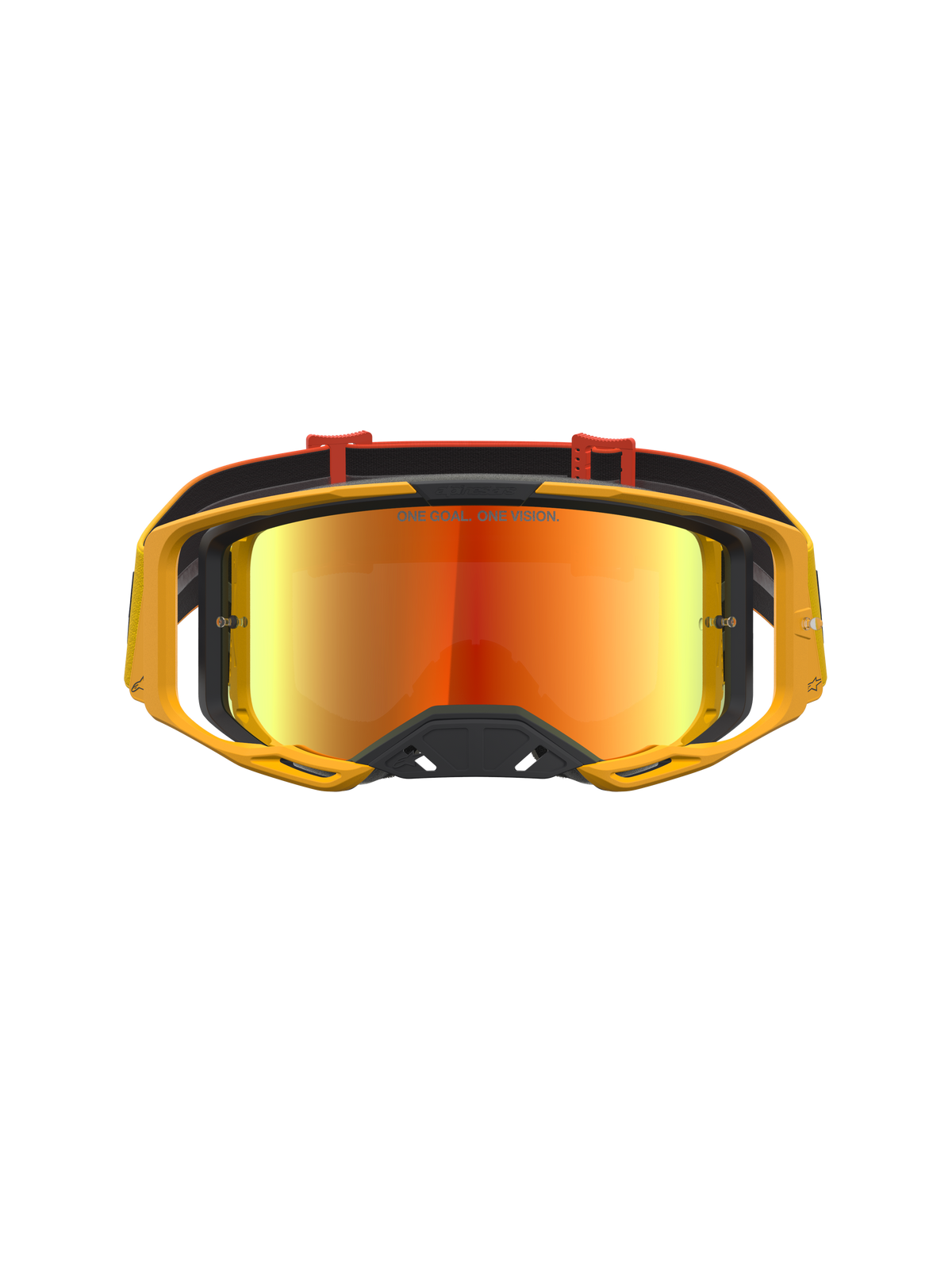 Alpinestars Maschere Vision 8 Amber Mirror, maschere motocross gialle con lente rossa specchiata e ventilazione RAM-AIR.