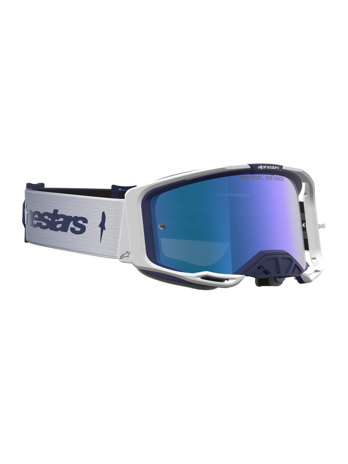 Alpinestars Maschere Vision 8 Amber Mirror, maschere da motocross per uomo, bianco e blu, con lente a specchio blu e sistema di ventilazione RAM-AIR.