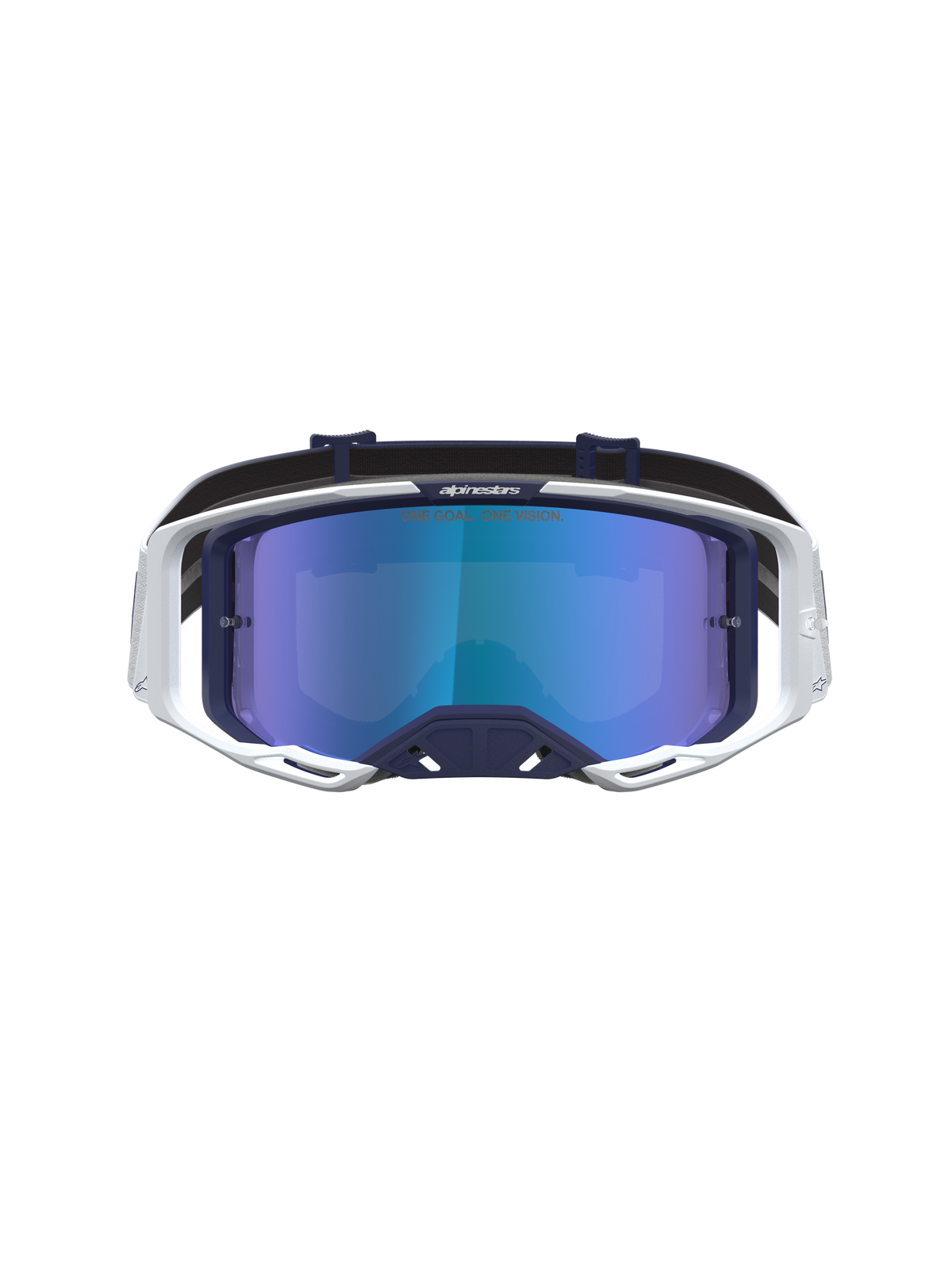Alpinestars Maschere Vision 8 Amber Mirror, maschere da motocross bianche e blu con lente a specchio blu e RAM-AIR.