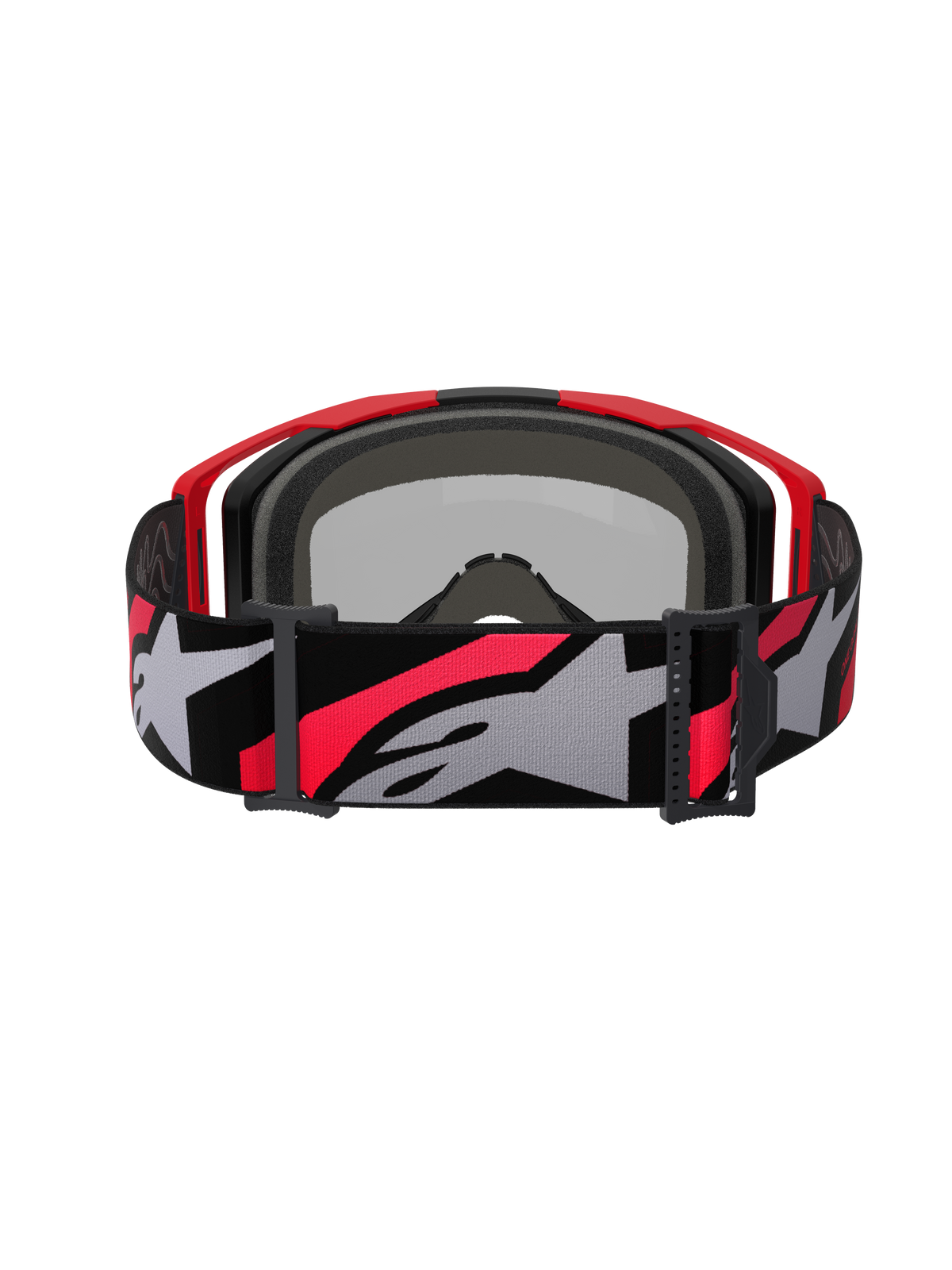 Occhiali Alpinestars Vision 8 Luar, occhiali da motocross, rosso, nero e argento a specchio, ampia fascia intrecciata con vistoso logo Alpinestars grigio e rosso, vista posteriore con imbottitura interna nera e telaio rosso, occhiali protettivi ad alte prestazioni