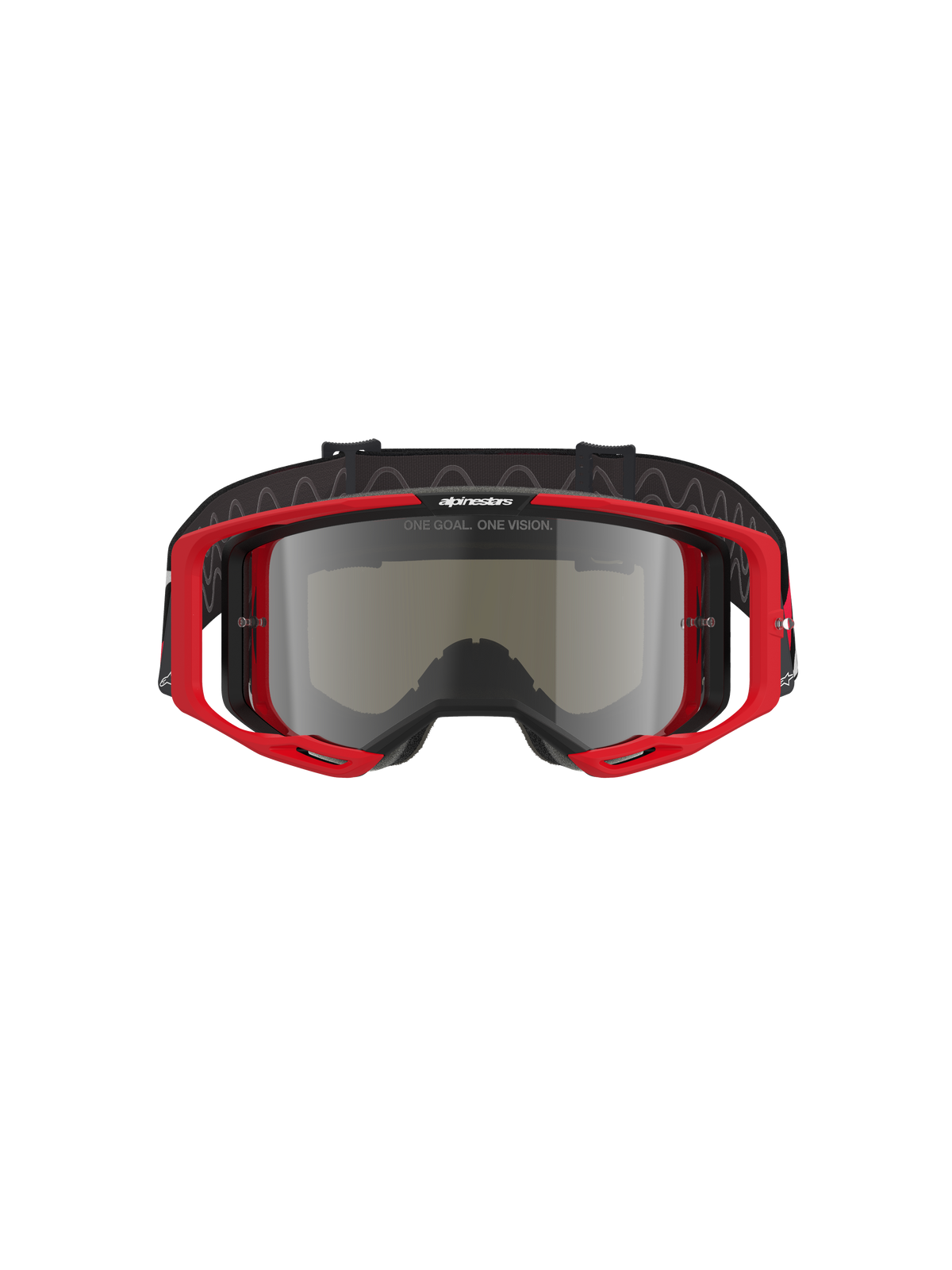 Alpinestars Vision 8 Luar Goggles, maschere da motocross, montatura rossa e nera con lente a specchio argento, design ad alte prestazioni con ampio campo visivo, branding evidente su fascia e montatura, adatte per competizioni off-road e motocross