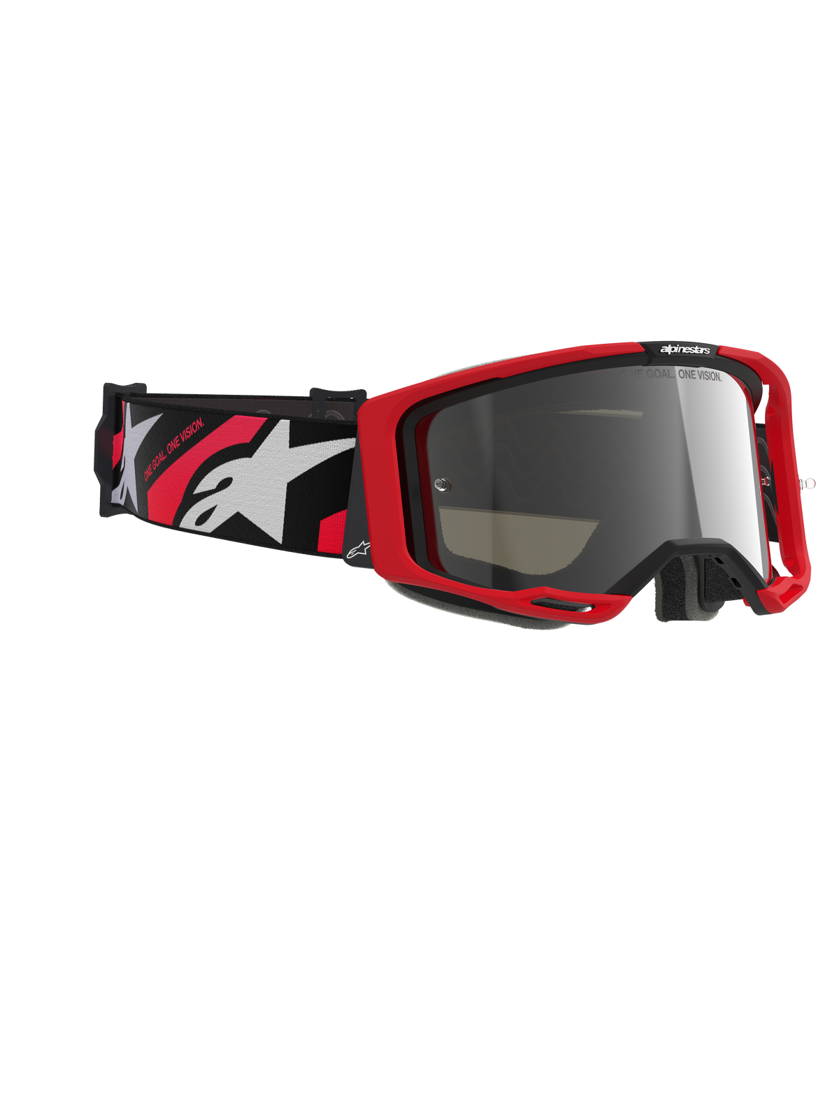 Alpinestars Vision 8 Luar Goggles, occhiali da motocross, montatura rossa e nera con lente a specchio argento, caratterizzati da un'ampia fascia intrecciata con logo Alpinestars rosso e bianco e testo "ONE GOAL. ONE VISION.", occhiali protettivi ad alte prestazioni per gare fuoristrada