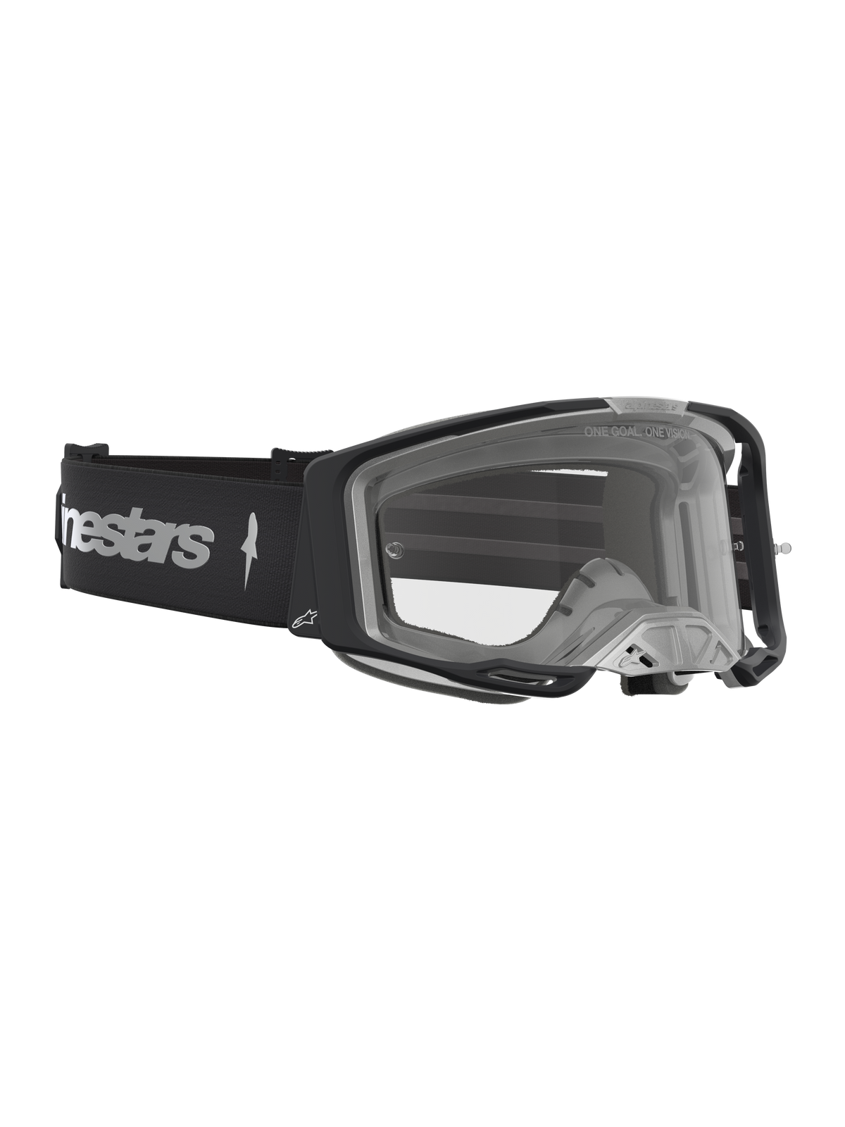 Alpinestars Maschere Vision 8 Amber, maschere da motocross racing, nero e argento, lente trasparente e telaio A-FLEX.
