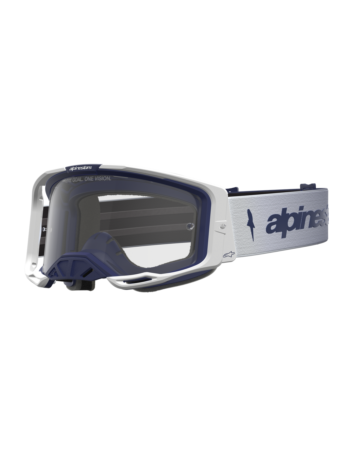 Alpinestars Vision 8 Amber Goggles, White and Navy Motocross Goggles with clear lens and RAM-AIR ventilation.