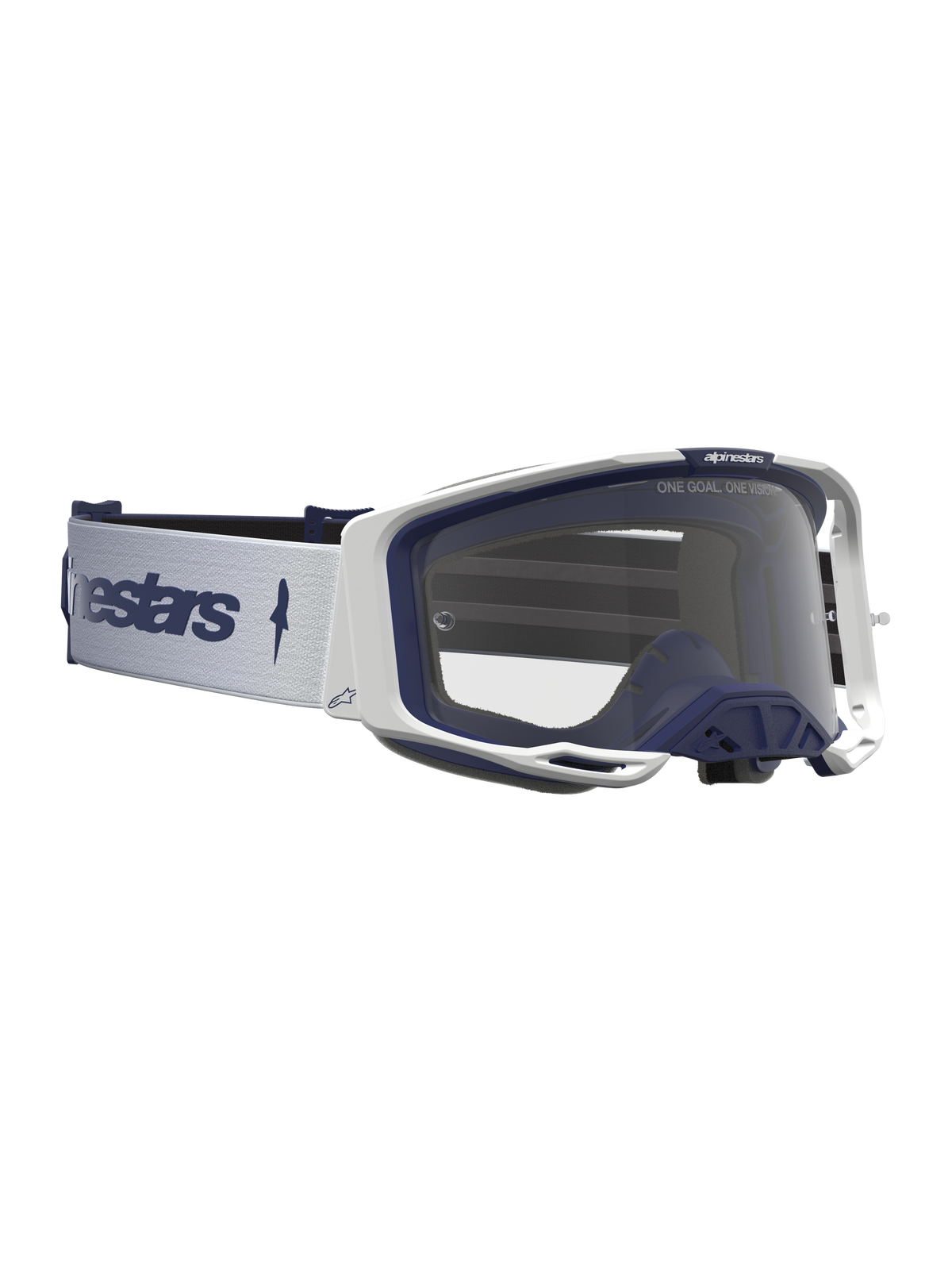 Maschere Alpinestars Vision 8 Amber da uomo, bianche e blu navy, con lente trasparente e telaio A-FLEX per il motocross.